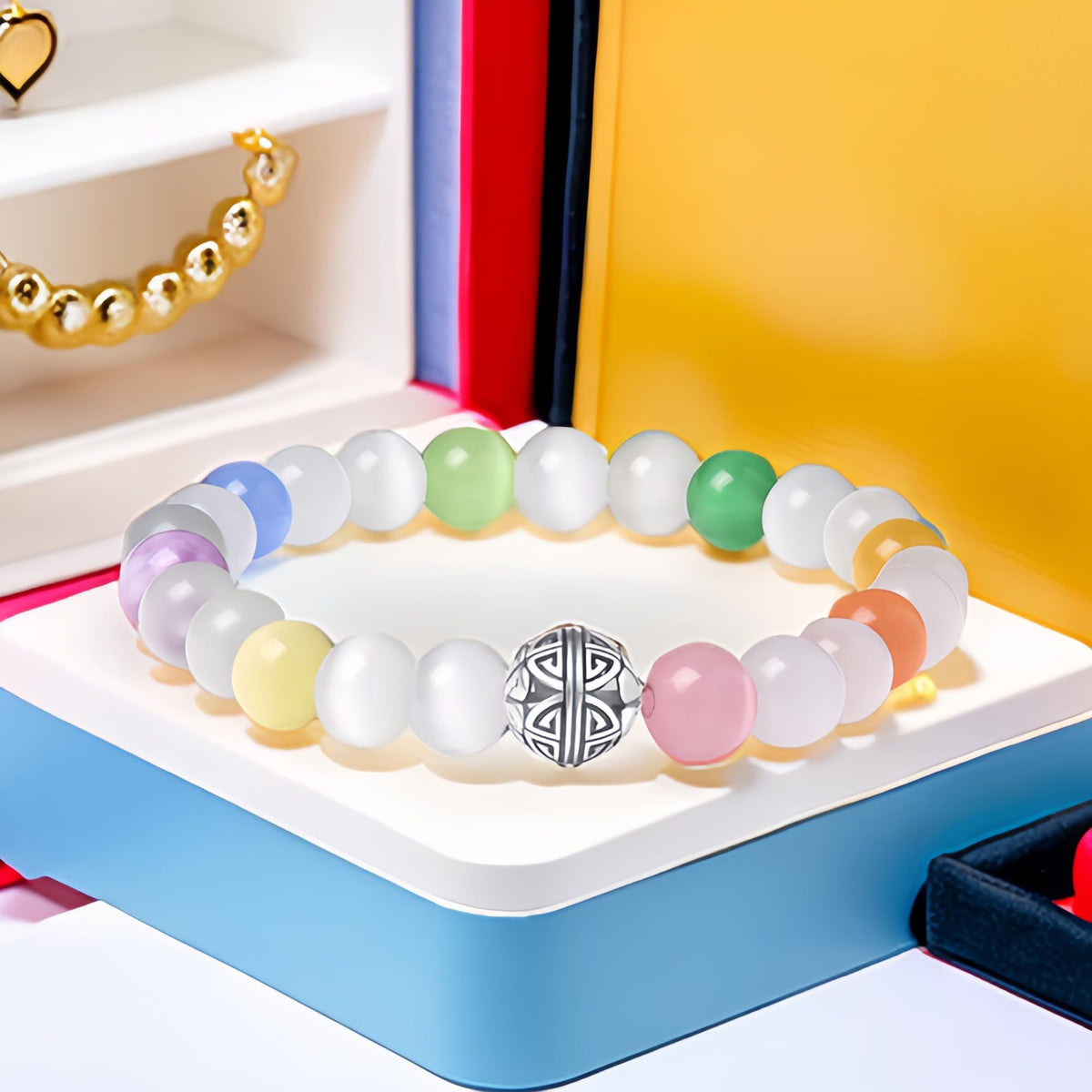 MetJakt Healing Crystals Beaded Bracelets for Womens Natural Gemstone 8mm Beads Stretch Bracelets with 925 Sterling Silver Double Happiness Pendant (Multicolored Cat's Eye Stone)