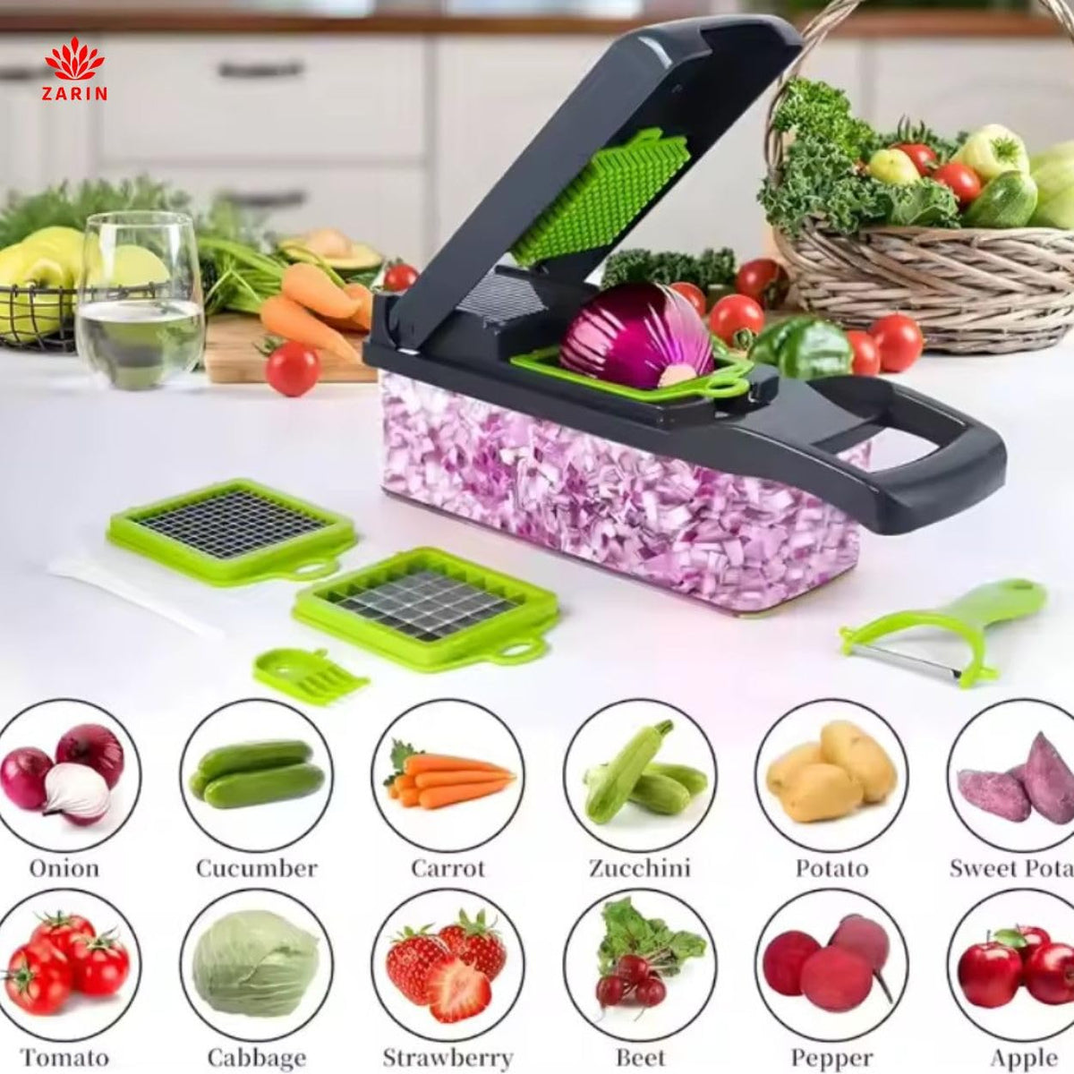 ZARIN 16βinβ1 Vegetable Chopper & Slicer β Multi-Function Kitchen Gadget for Onions, Fruits & Vegetables β Mandoline Slicer with Interchangeable Blades for Easy Meal Prep