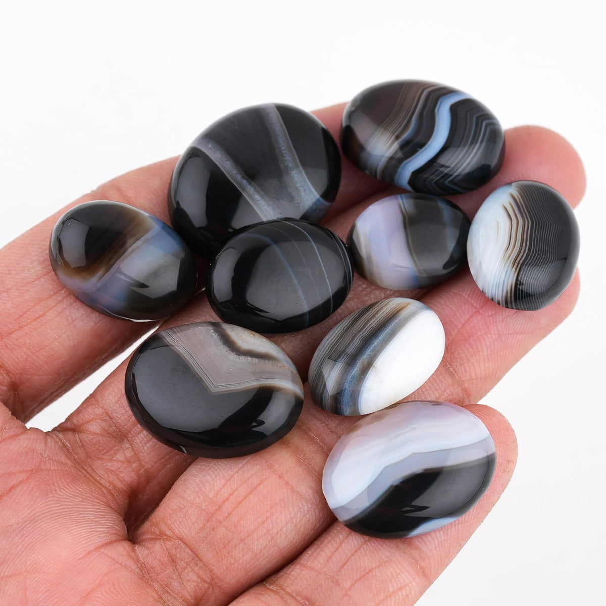 GemSymphony 100 Carat Natural Banded Agate Gemstone Cabochon Lot Mixed Shapes โ 8 pcs Hand Polished Crystal Stones for Jewelry Making Supply, Healing, Reiki, Craft Supplies, Unique Cab Set for Wire Wrapping & Collectors (10-20 mm)