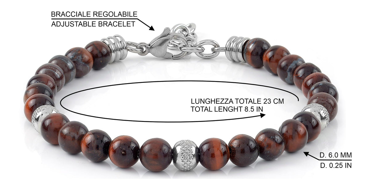 10:10 Beaded Bracelet for Men and Women โ Natural Red Tiger Eye Gemstones and Stainless Steel โ Adjustable & Durable & Elegant โ Made in Italy