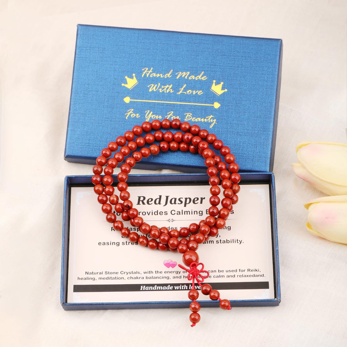 AD Beads 6mm 108 Prayer Mala Red Jasper Elastic Bracelet - Stone Provides Calming Effects - Handmade Yoga Meditation Healing Power Energy Gifts for Unisex Adult.