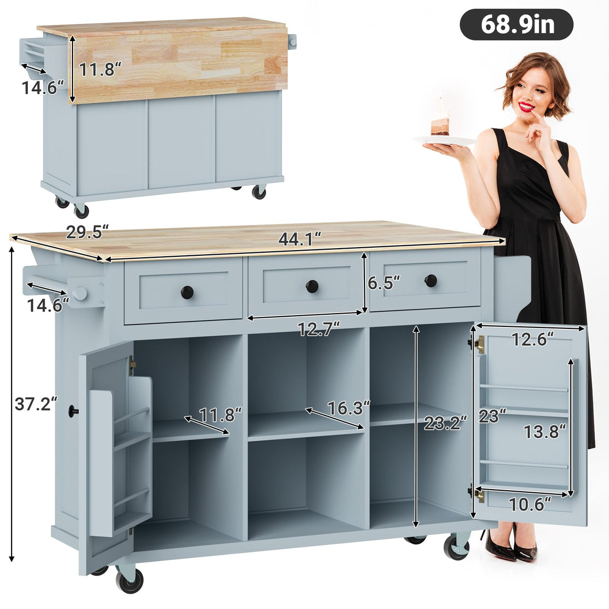 Rovibek Kitchen Island with Drawers 53 in Rolling Island Cart Mobile Portable Islands on Wheels Solid Wood Island with Storage Cabinet & Drawers, Blue