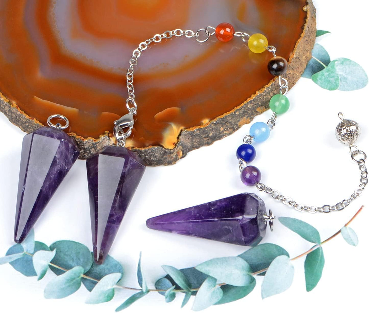 7 Chakra Reiki Healing Crystal Stone Hexagonal Point Pendant and Bracelet setting Pendulum for Reiki Wicca Dowsing Balancing Spiritual Natural Gemstone (Hexagonal Point(18mmx36mm), Amethyst)