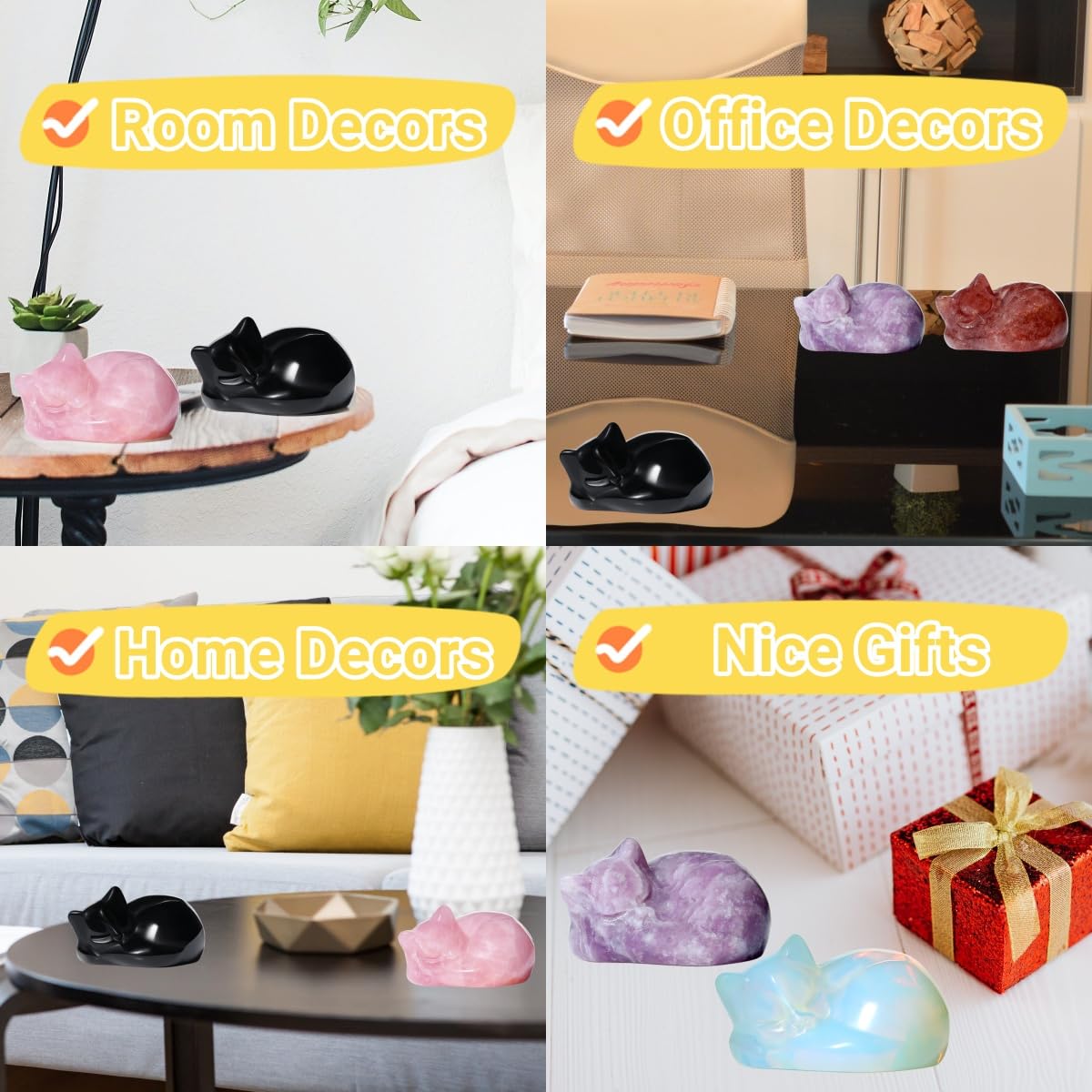 YATOJUZI 2" Cat Decors Statue Strawberry Quartz Crystals Sleeping Cats Gemstone Hand-Carved Cute Animal Statues Figurine Stone Home Office Desk Decor Lucky Reiki Kitten Ornaments Gifts for Women Men