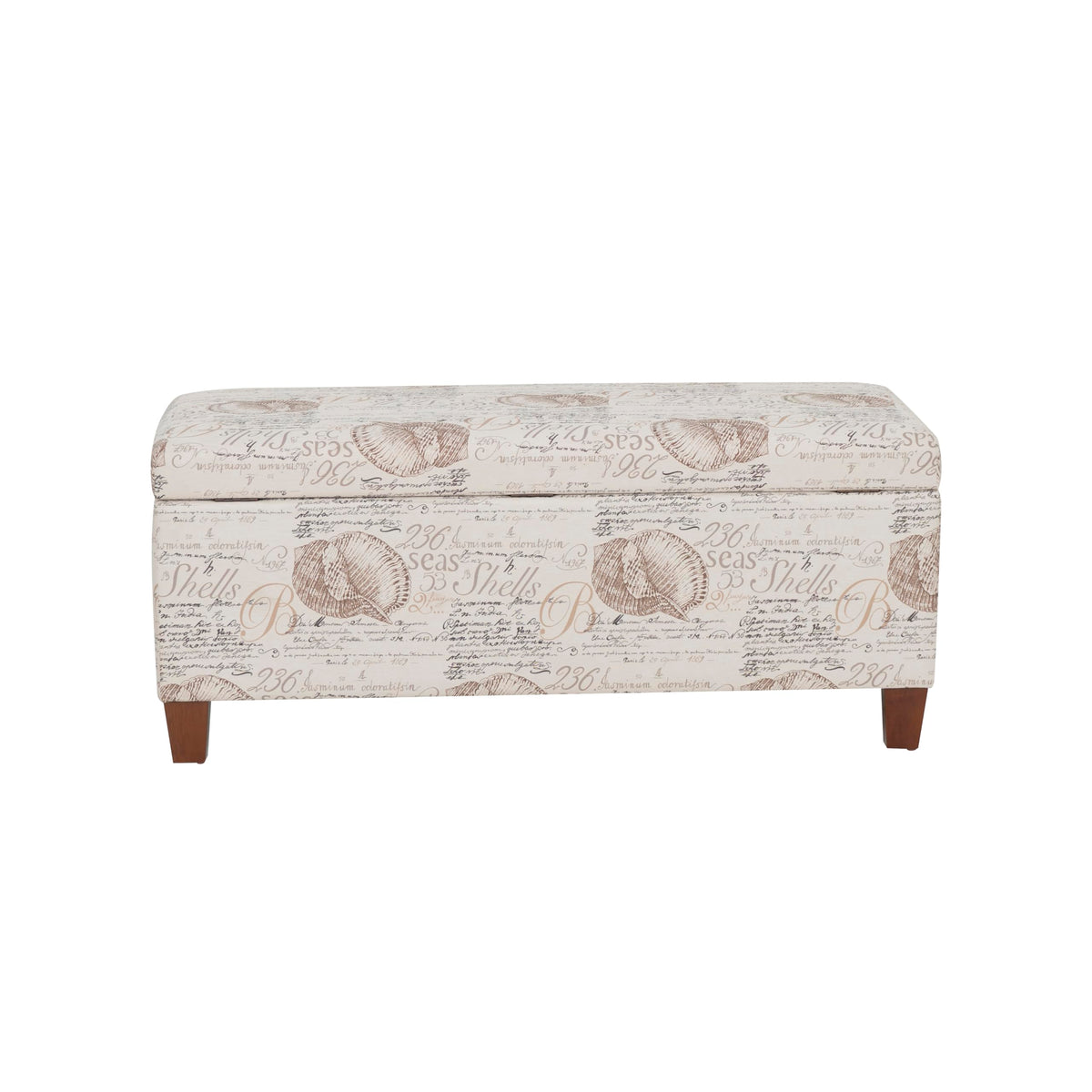 Linon Carmen Ivory and Beige Seashell Upholstered Lift Top Storage Ottoman with Wooden Feet