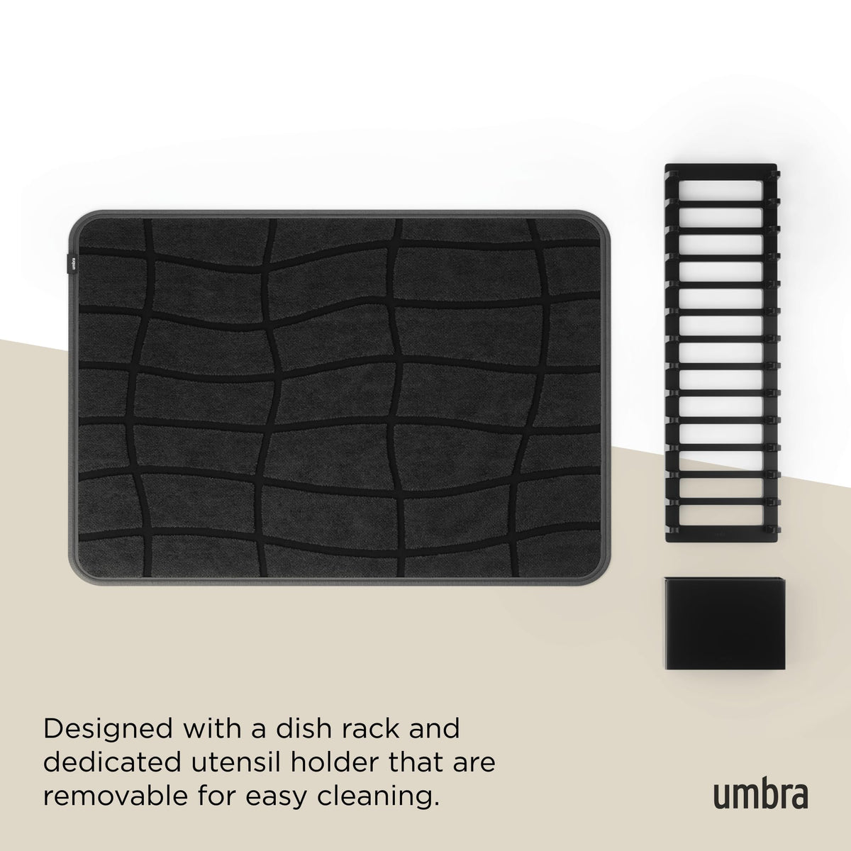 Umbra UDry Dish Drying Rack with Mat – Kitchen Countertop Dish Drainer & Absorbent Microfiber Drying Mat, Foldable Dish Rack Organizer for Plates, Cups & Utensils, Black