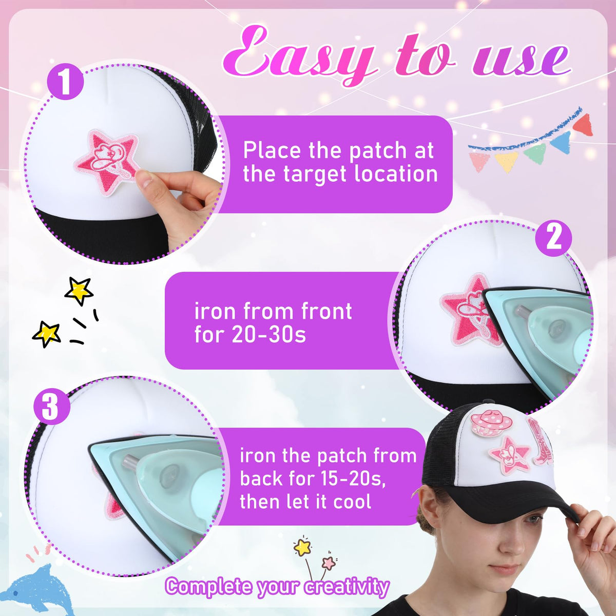 Hercicy 35PCS Western Cowgirl Trucker Hats DIY Kits, Sublimation Blank Baseball Caps Trucker Hat with Western Iron On Patches Pink Cowgirl Embroidered Patches for Bridal Shower Birthday Party