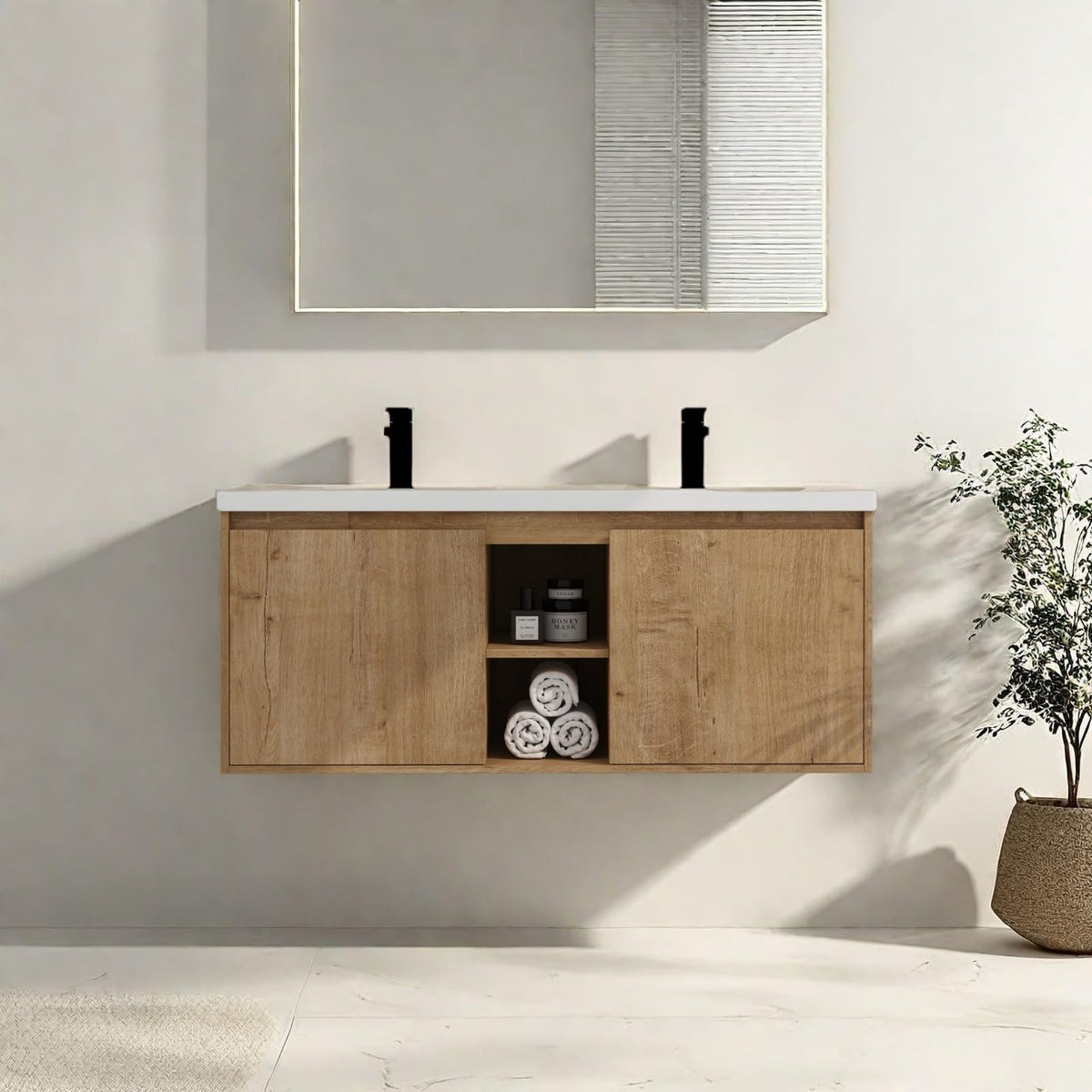 Trygoal Floating Bathroom Vanity, 48" Bathroom Storage Cabinet with Double Resin Sinks, 2 Soft-Close Doors & 2 Open Storage Shelves, Modern Wall-Mounted Vanity with 45° Bevel Handles, Oak