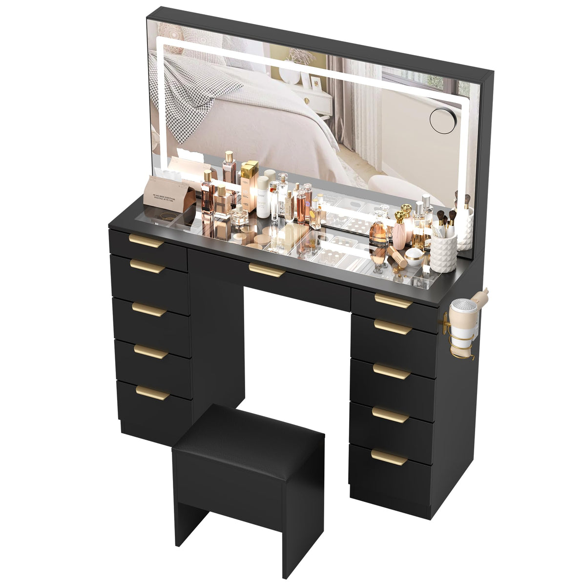 Fkhouse Glass Top Vanity Desk with Mirror and Lights, 11 Drawers Makeup Vanity with Stool, 3 Lighting Modes Dressing Table with Power Outlet, Golden Handles, Black