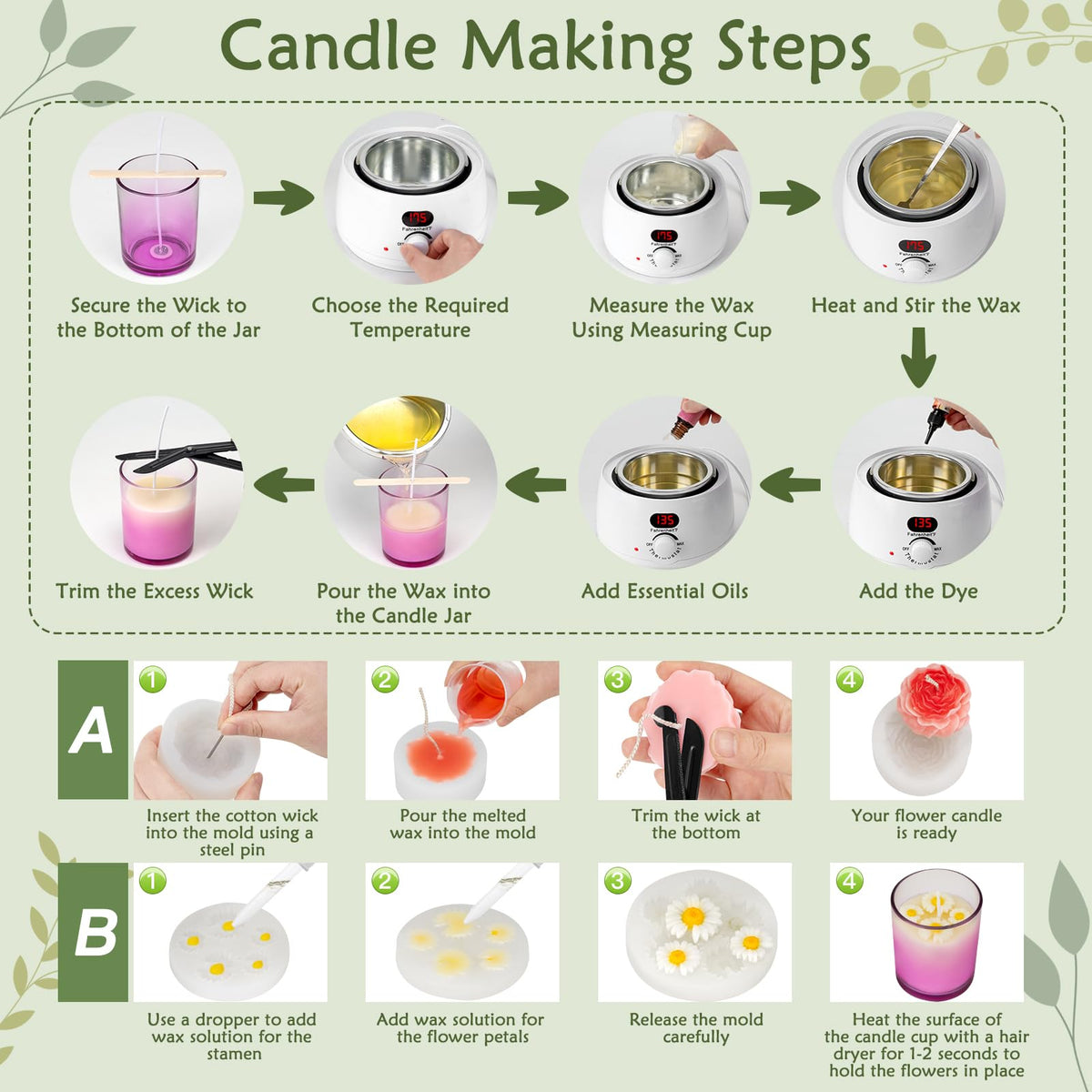 ZEROMX Candle Making Kit for Adults Beginners – 1200g Soy Wax, Digital Wax Melting Pot, Floral Candle Molds, Gift Boxes, Premium Candle Making Supplies, Complete DIY Set, Christmas Craft Gifts
