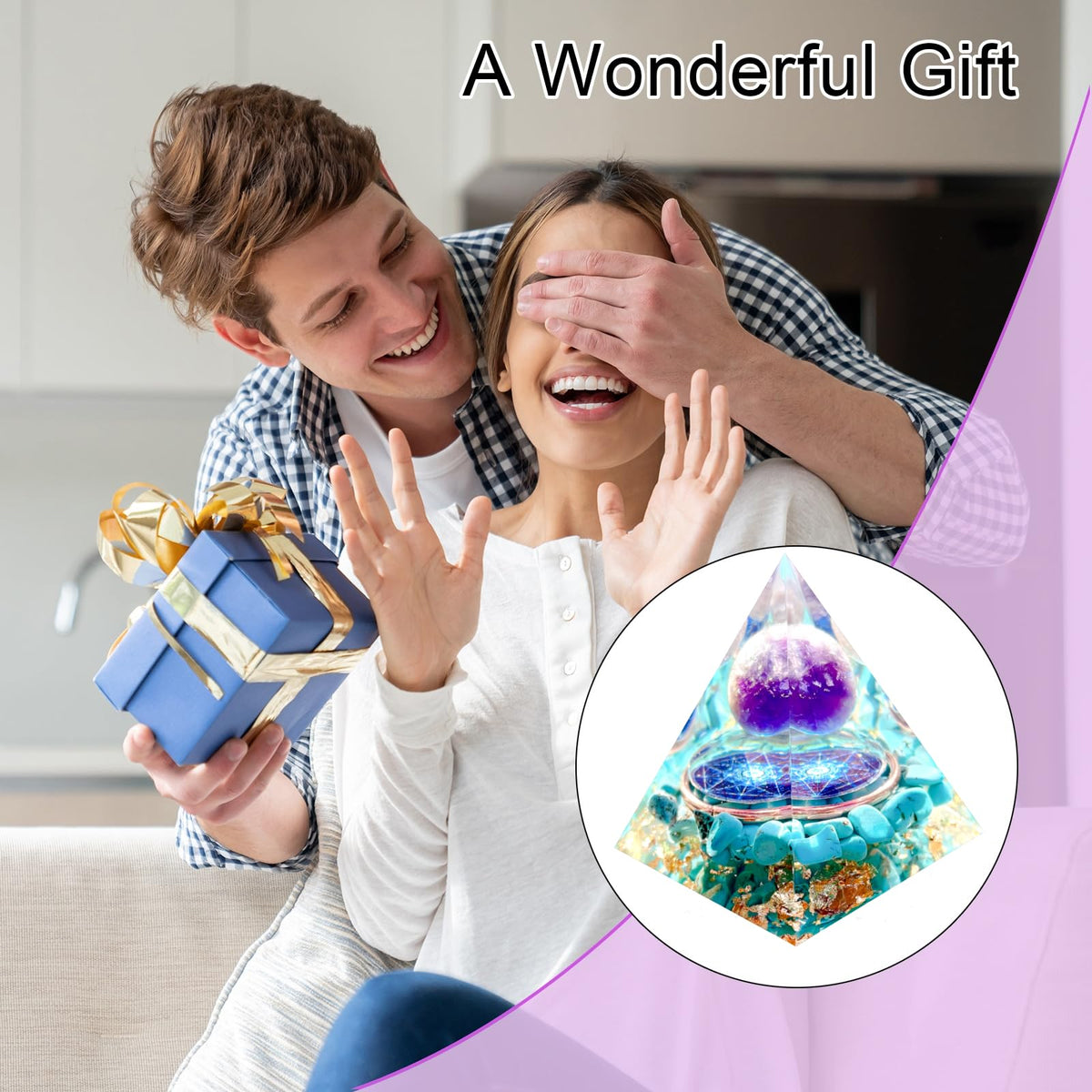 Saefheled Orgone Pyramid Energy Generator,Natural Amethyst&Turquoise Orgonite Crystal Healing Pyramids for Reduce Stress Chakra Reiki Healing Meditation Attracts Lucky and Success, Wealth&Health(6cm)