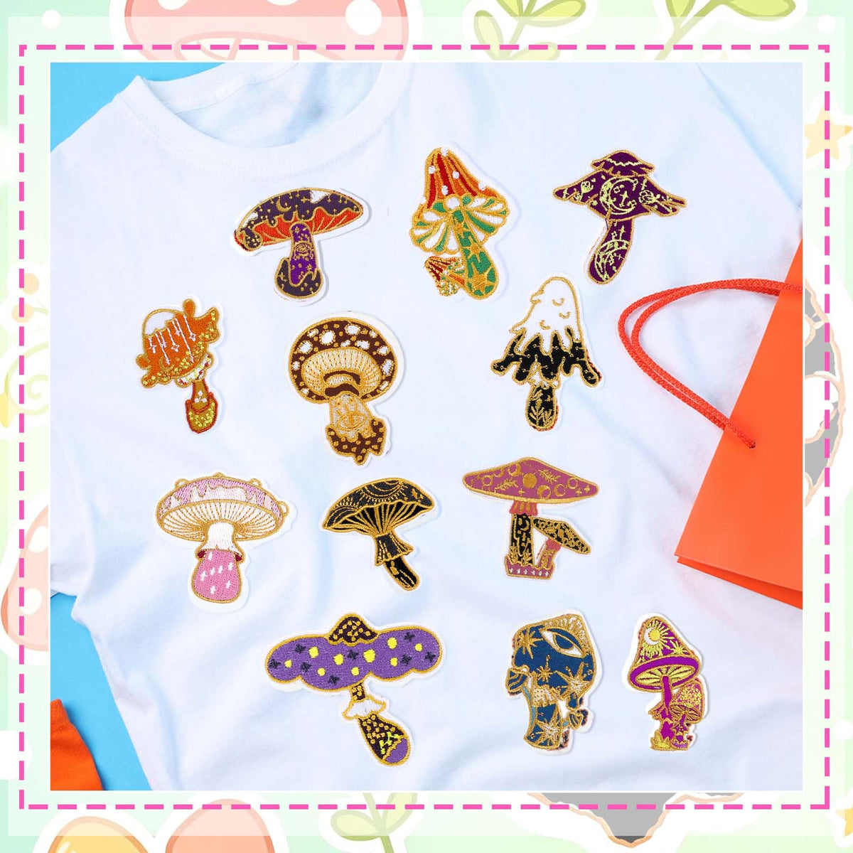 Thiccywoov 120 Pcs Iron on for Clothing Patches Mini Retro Patches Appliques Iron on Sew on Embroidered Stickers for DIY Gift Jackets Jeans Backpacks Hats Dress Pants Shoes Craft (Mushroom)