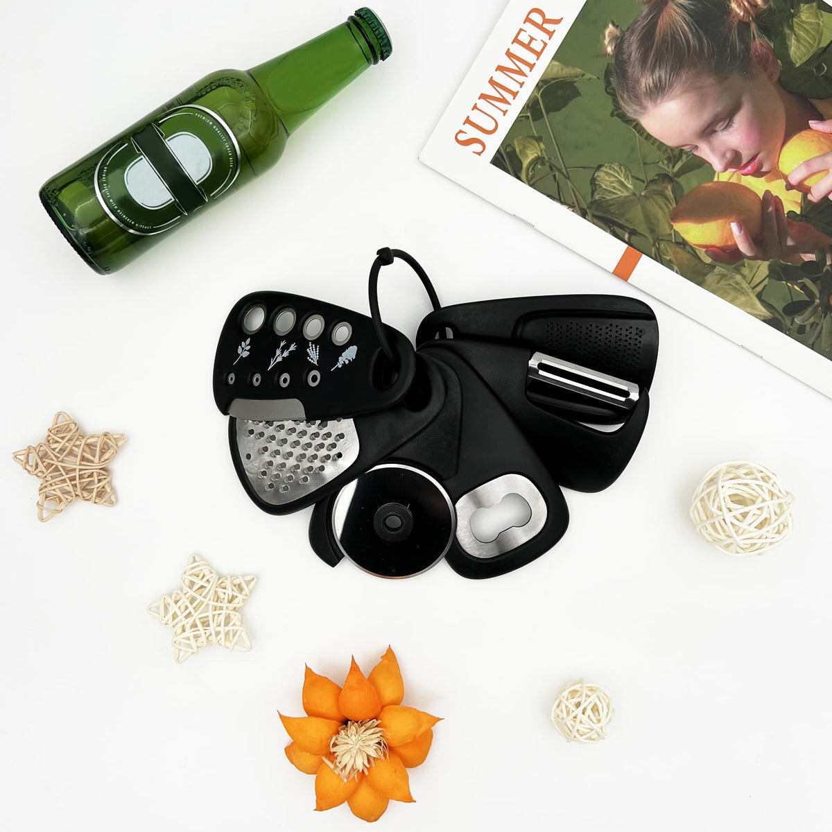 6-Piece Unique Kitchen Gadget Set in Black, Stackable Space-Saving Tools Including Grater, Peeler, Pizza Cutter, and Bottle Opener