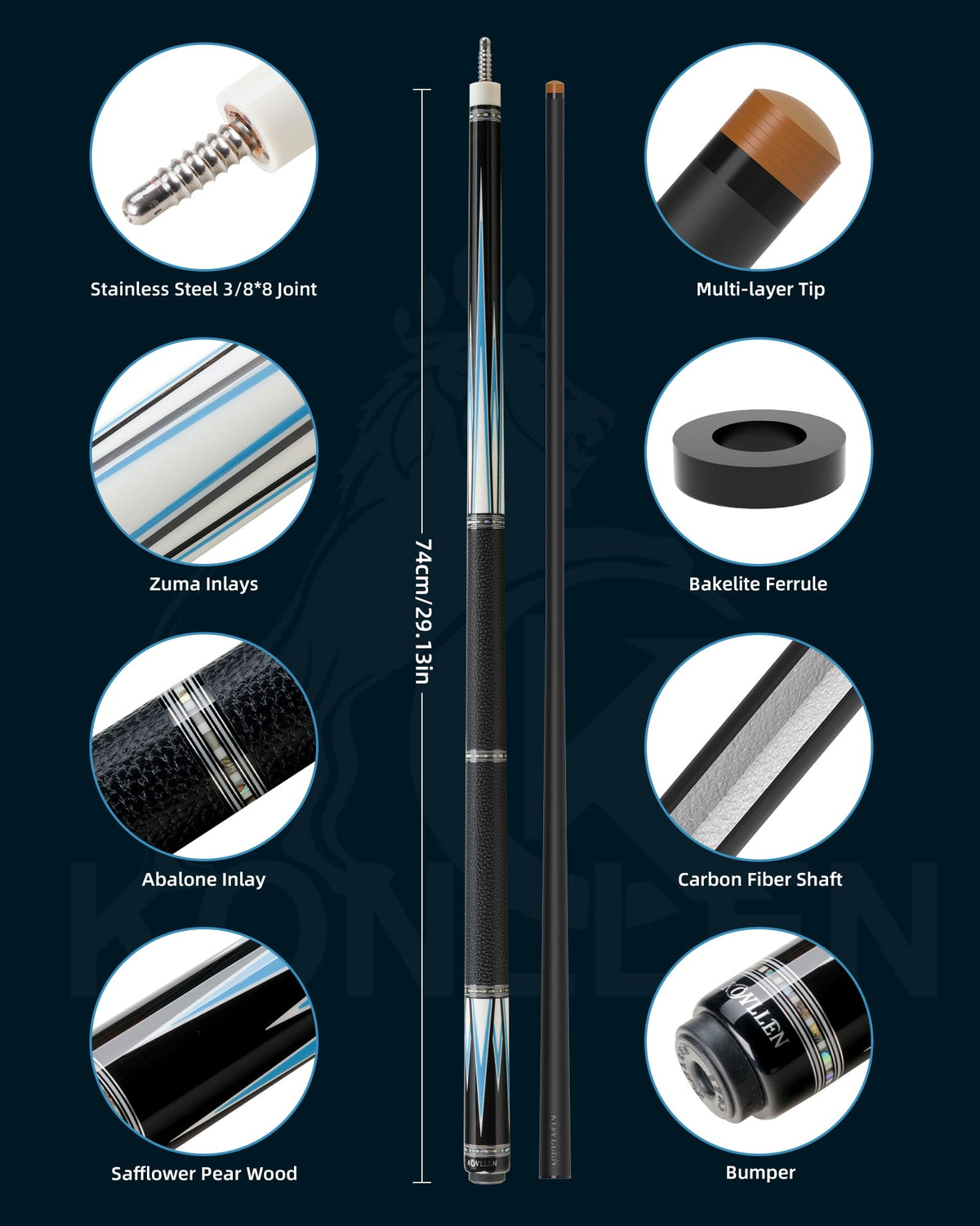 KONLLEN Handcrafted Inlay Carbon Fiber Pool Cue – Low Deflection Performance Billiard Cue