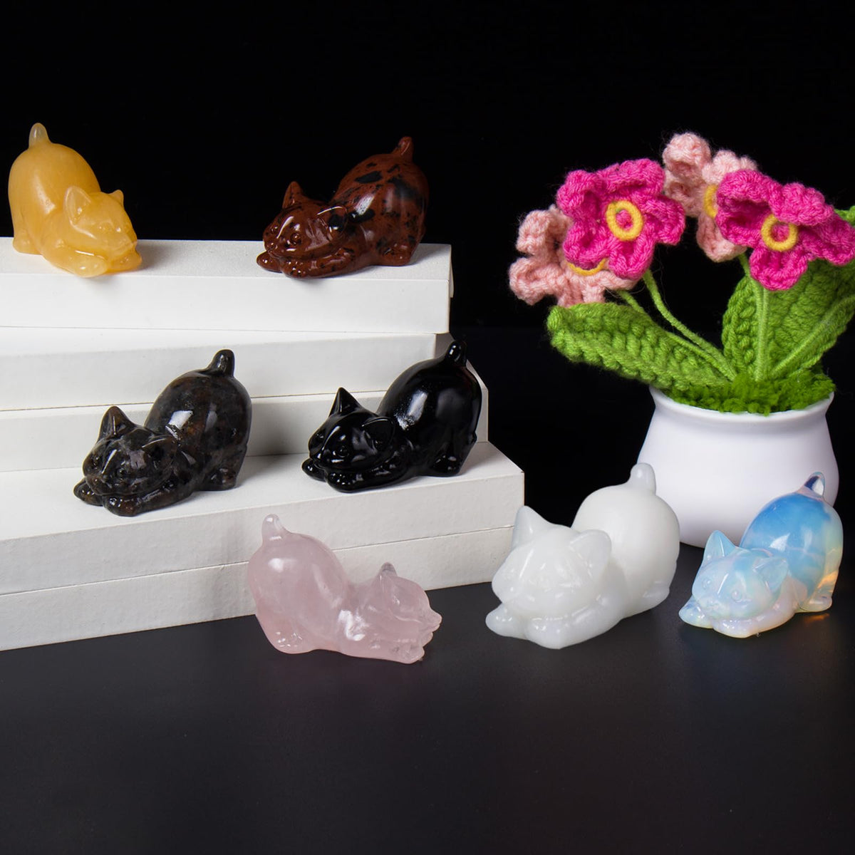Rose Quartz Crystal Cat Figurines, 2 Inch Pink Kitten Statues for Kitten Lovers and Collectibles, Cat Decor Fingurines for Home Desk Office, Carved Healing Crystal Reiki Animal Gifts for Women