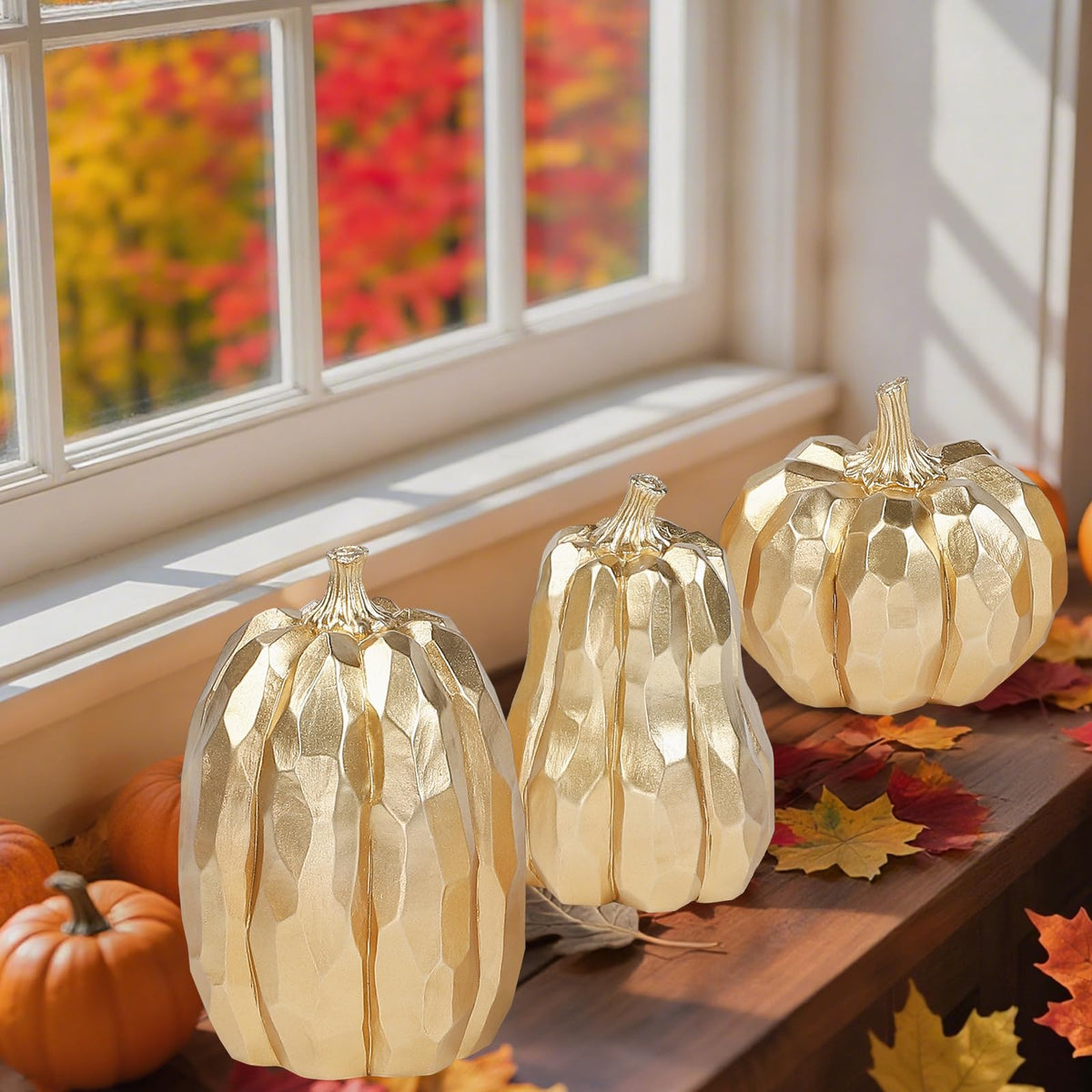 DETENE 3 Pack Thanksgiving Gold Pumpkins, Pumpkin Fall Decoration - Elegant Autumn Harvest Decor for Fall, Thanksgiving & Halloween, Perfect for Home, Table, Fireplace Mantel, Office & Kitchen