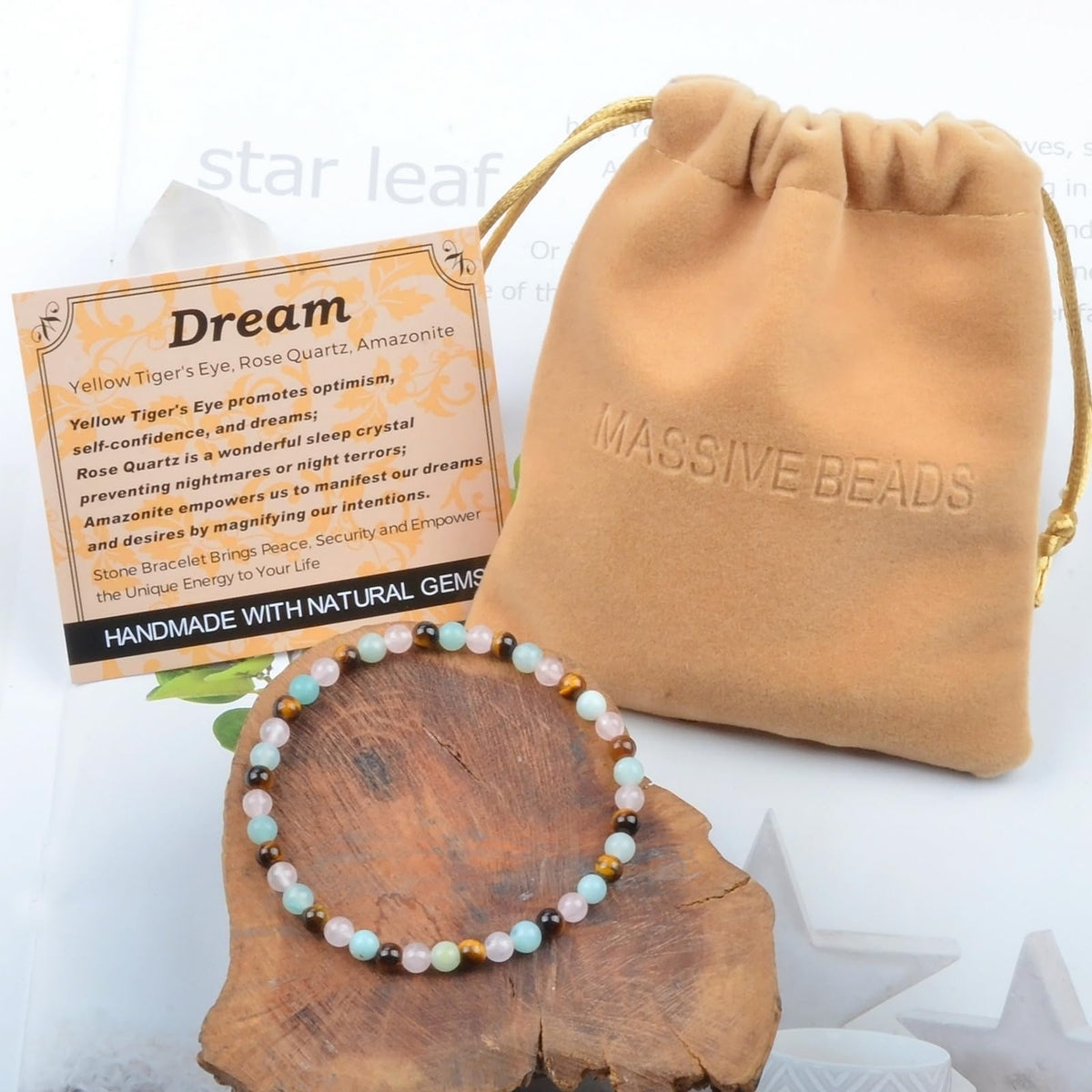 MASSIVE BEADS Yellow Tiger's Eye Rose Quartz Amazonite - Dream Handmade Handmade Yoga Stretch Elastic Bracelet Natural Stone Crystal Healing Power Energy Gifts for Unisex Adult 4mm