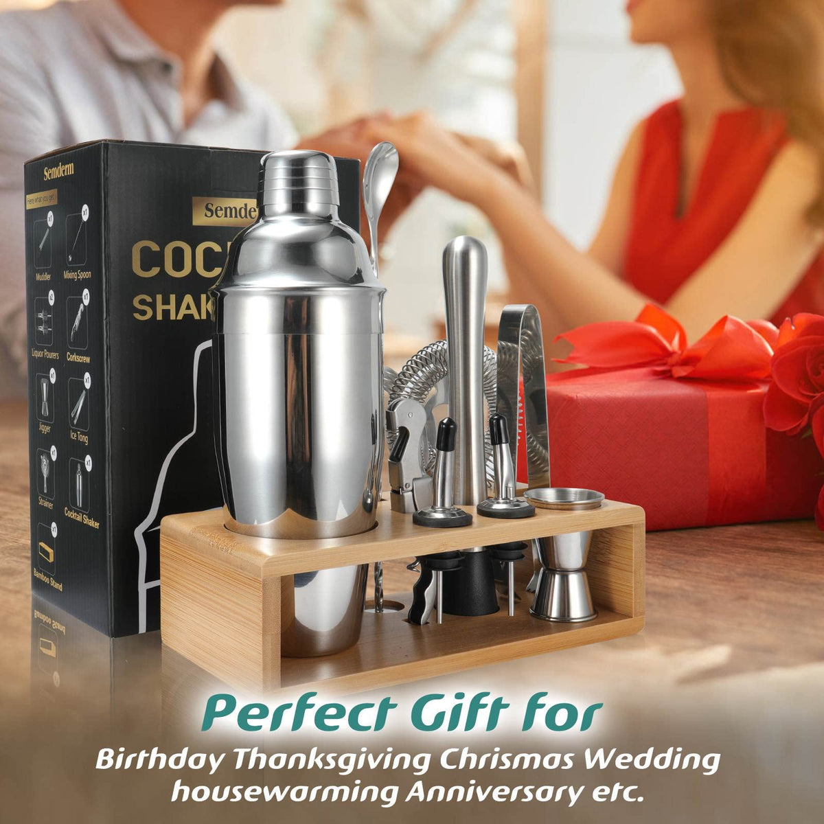 Cocktail Shaker Set, 18/8 Food-Grade Stainless Steel Mixology Bartender Kit 10-Piece Bar Tools with Stylish Bamboo Stand - Rust-Proof & Dishwasher Safe - Professional Martini Shaker Gift for Men, Dad