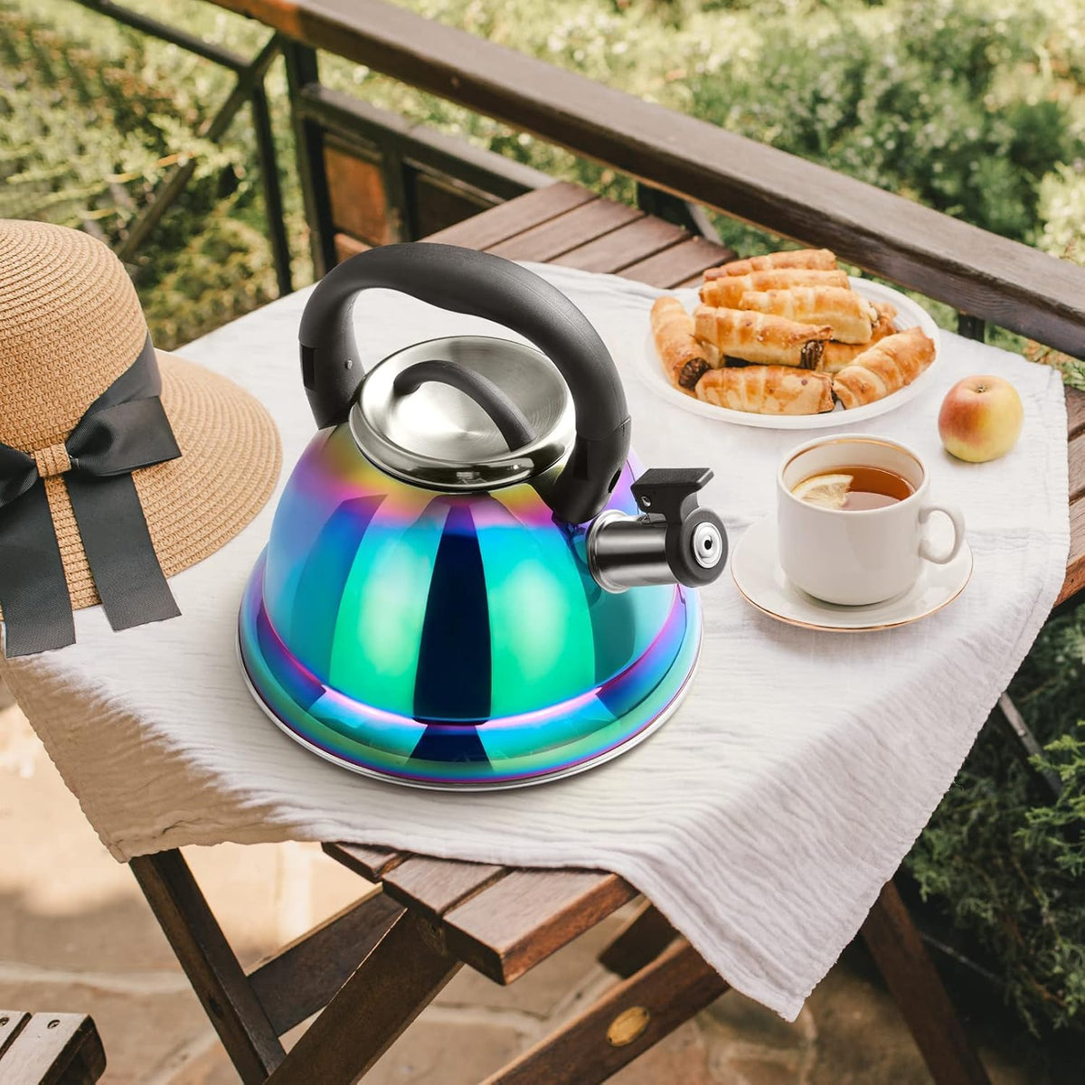 Weftnom Tea Kettle, Kettle 3.7QT, Tea Pot Whistling 316 Stainless Steel, Tea Kettle Stovetop with Cool Folding Handle, Kettle Teapot Rainbow Induction for Boiling Water, Mirror Finish