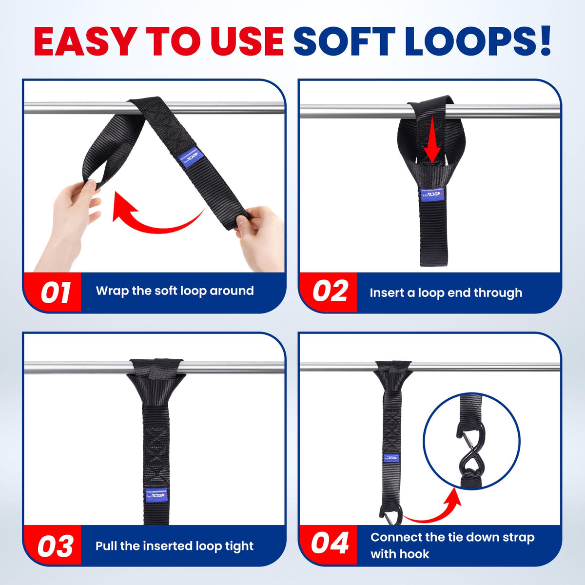 MOCA 8-Pack Soft Loop Tie Down Straps 12000 Lbs Breaking Strength 1.6 x 17 inches, Heavy Duty Tie Down Loops for Secure Trailering of Kayak, Motorcycles, ATV, UTV (8 Pieces, Black)