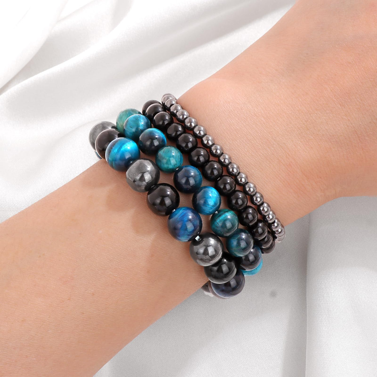 Vinswet 4pcs Natural Stone Beaded Bracelets for Women Men,Healing Crystal Gemstones Stretch Bracelet,4mm 6mm 8mm 10mm Blue Tiger Eye Black Obsidian Hematite Anxiety Stress Relief Bracelet Jewelry Gifts