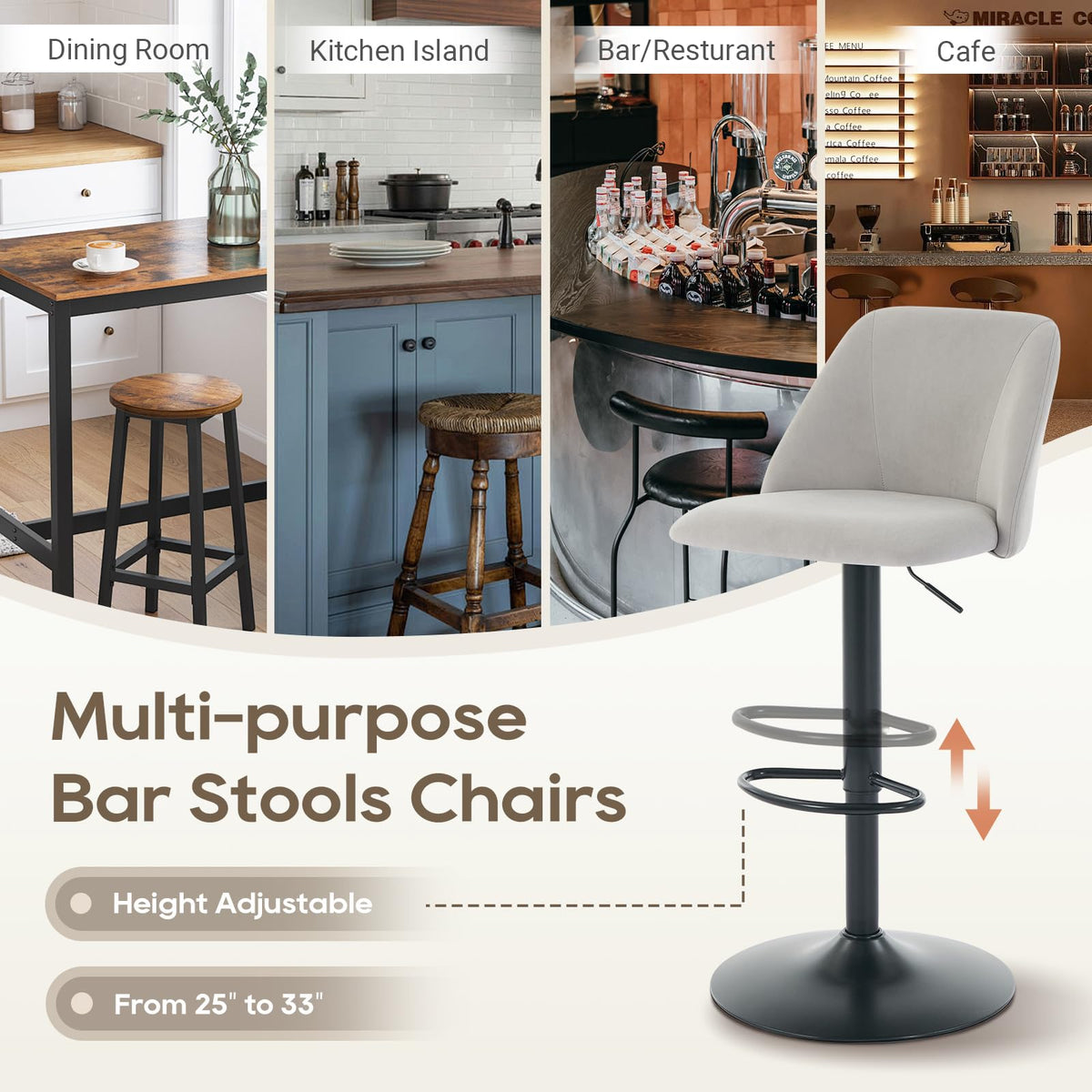COLAMY Bar Stools Set of 4, Modern Swivel Bar Chairs, Adjustable Upholstered Barstools Counter Height with Full Backrest for Bar, Dining Room, Kitchen Island, Grey