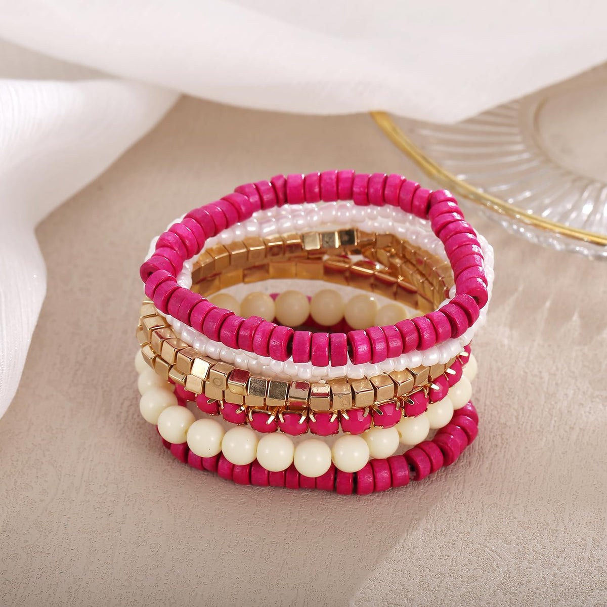 LUREME Bohemian Beads Cube Multi Strand Stretch Stackable Bangle Bracelet Set(bl003172-11)