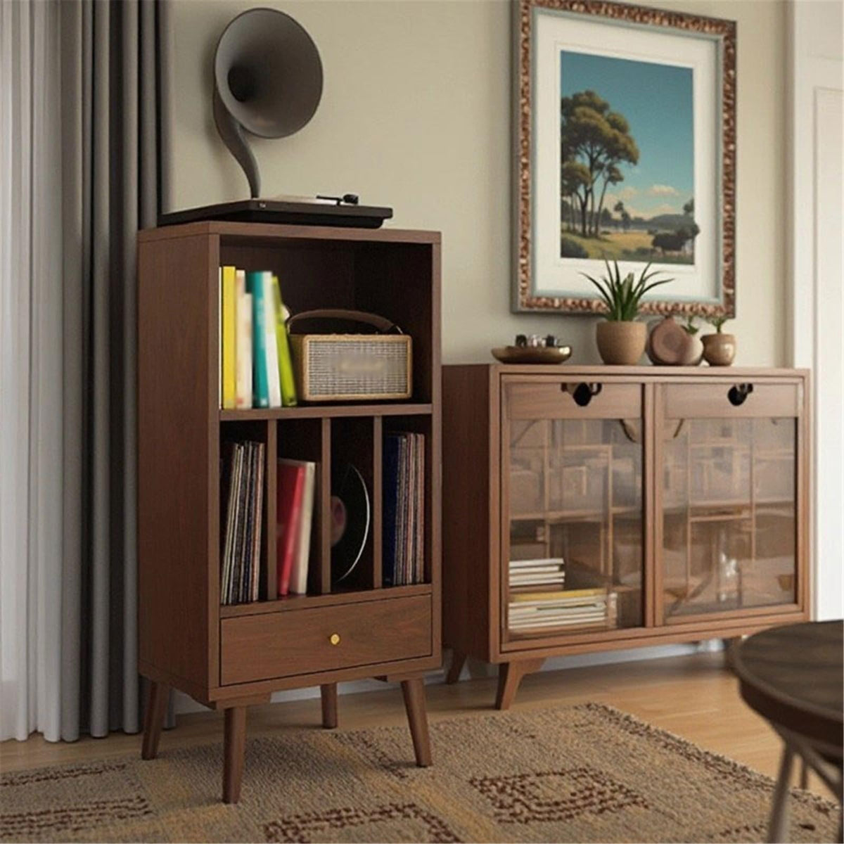 uP9sF2mD DVD Shelf Organizer Wooden Vinyl Record Low Cabinet with Drawers Storage Unit Display Holder CD Storage Rack(Walnut colour)