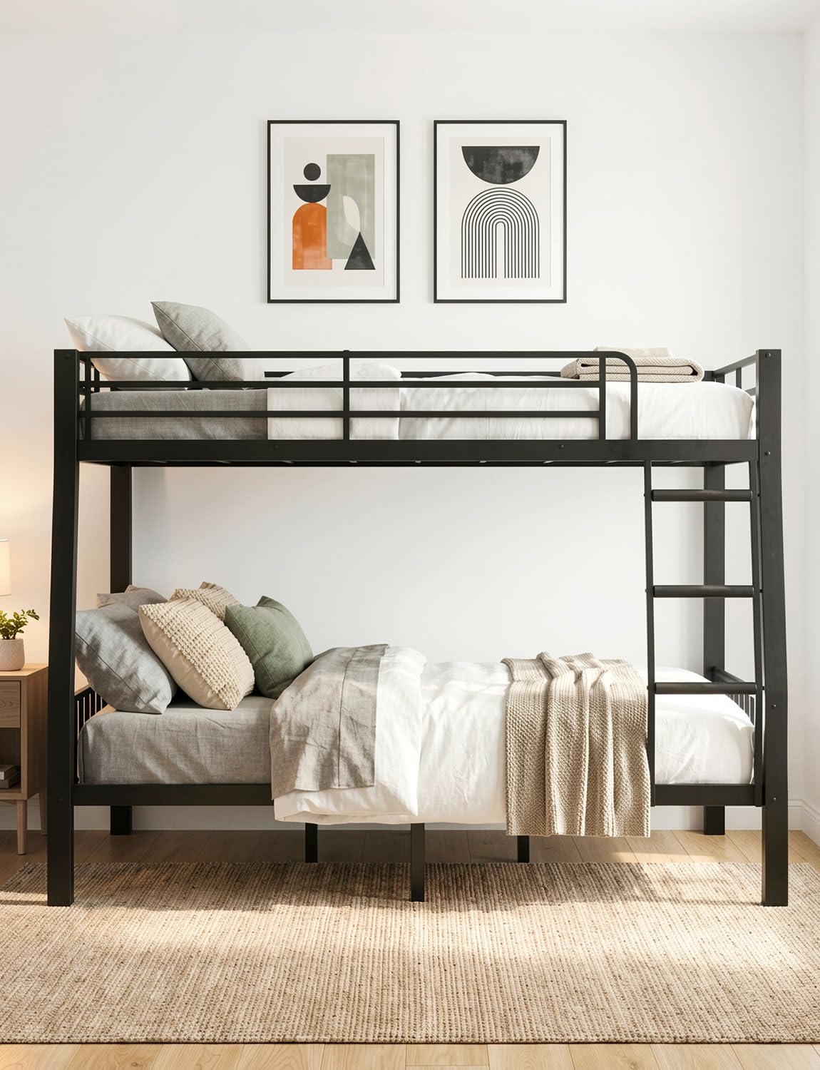 Mixcous Full XL Over Queen Bunk Bed for Adults, Heavy Duty Metal Queen Bunk Bed Frame with Reinforced Steel Slats, Full-Length Guardrails & Anti-Slip Ladder, Noise-Free, No Box Spring Needed, Black