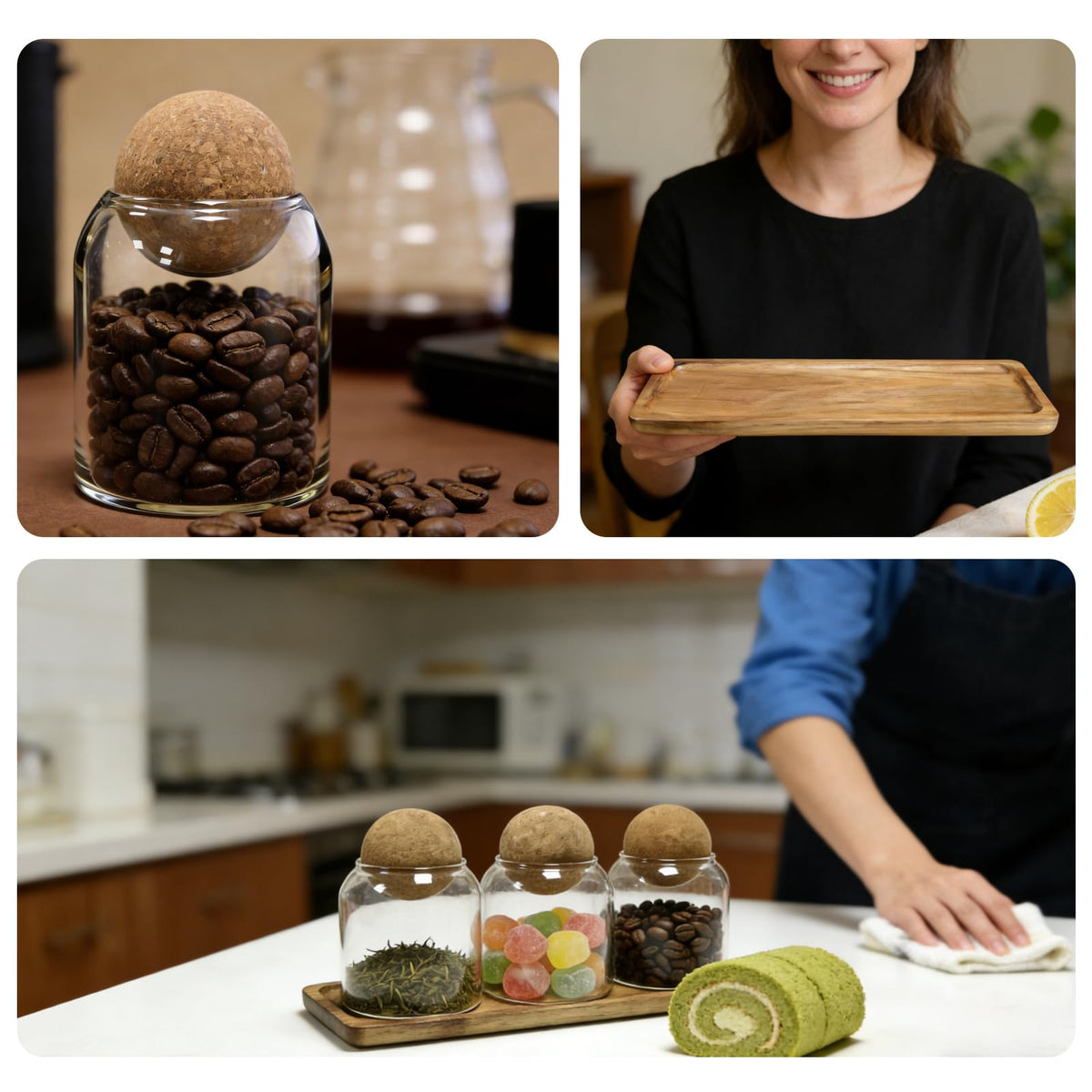 DZHPSRSZ 3 Pack Small Glass Jars with Cork Lids, Small Glass Containers with Lids & Acacia Tray, 17oz Coffee Bar Containers for Sugar Candy Tea, Bathroom Qtip Cotton Ball Holder Apothecary Jars