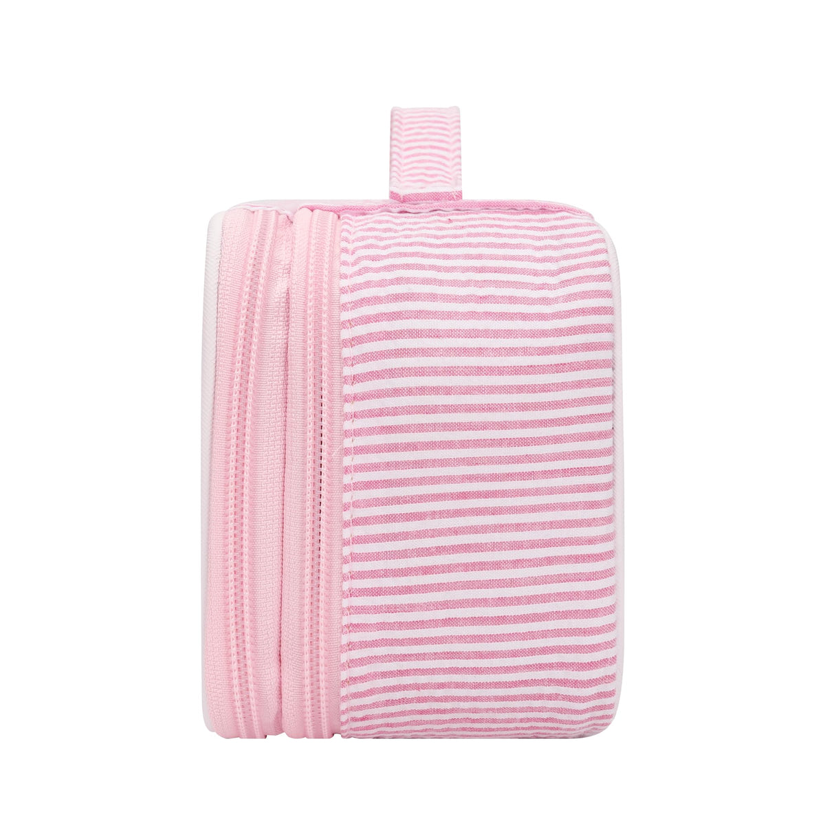 Relavel Cute Makeup Bag for Girls, Portable Pink Cosmetic Bag, Dual-layer Makeup Pouch with Brush Holder, Multi-Functional Preppy Toiletry Organizer for Travel, Daily Use - Pink Strip