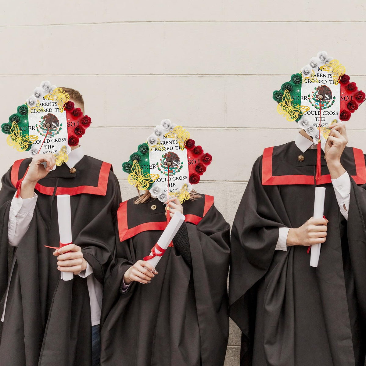 Dunzoom 37 Pcs Mexican Flag Graduation Cap Decorations Kit, Glitter Mexican Flag Grad Cap Topper with Paper Flowers 3D Butterflies for Grad Hat Topper Cover Craft Gift Decor(Style A)