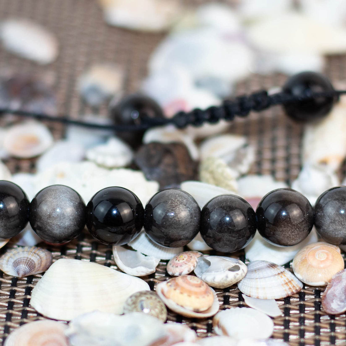 DAZCOLO Handmade Gem Bracelet Adjustable Macrame Gemstone 8mm Round Beads Crystals Quartz Unisex (Silvery Obsidian)