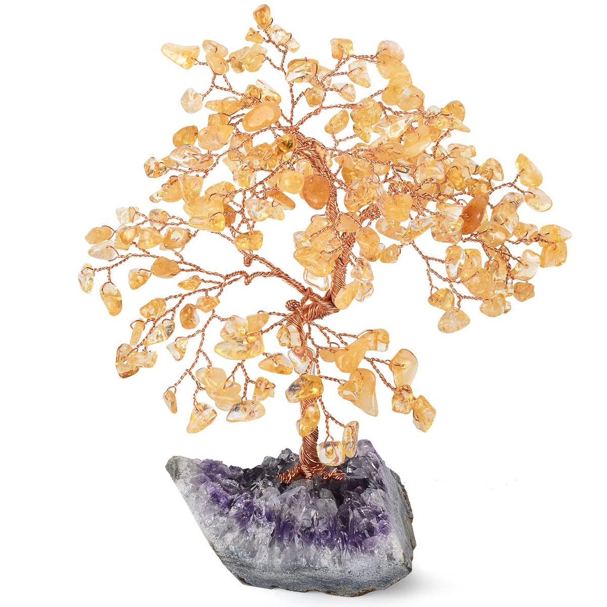 MASGEMES Natural Citrine Crystal Tree with Amethyst Geode Base,Healing Crystals Feng Shui Bonsai Money Tree,Chakra Balancing Positive Energy Home Decor 5.5"-6.3"