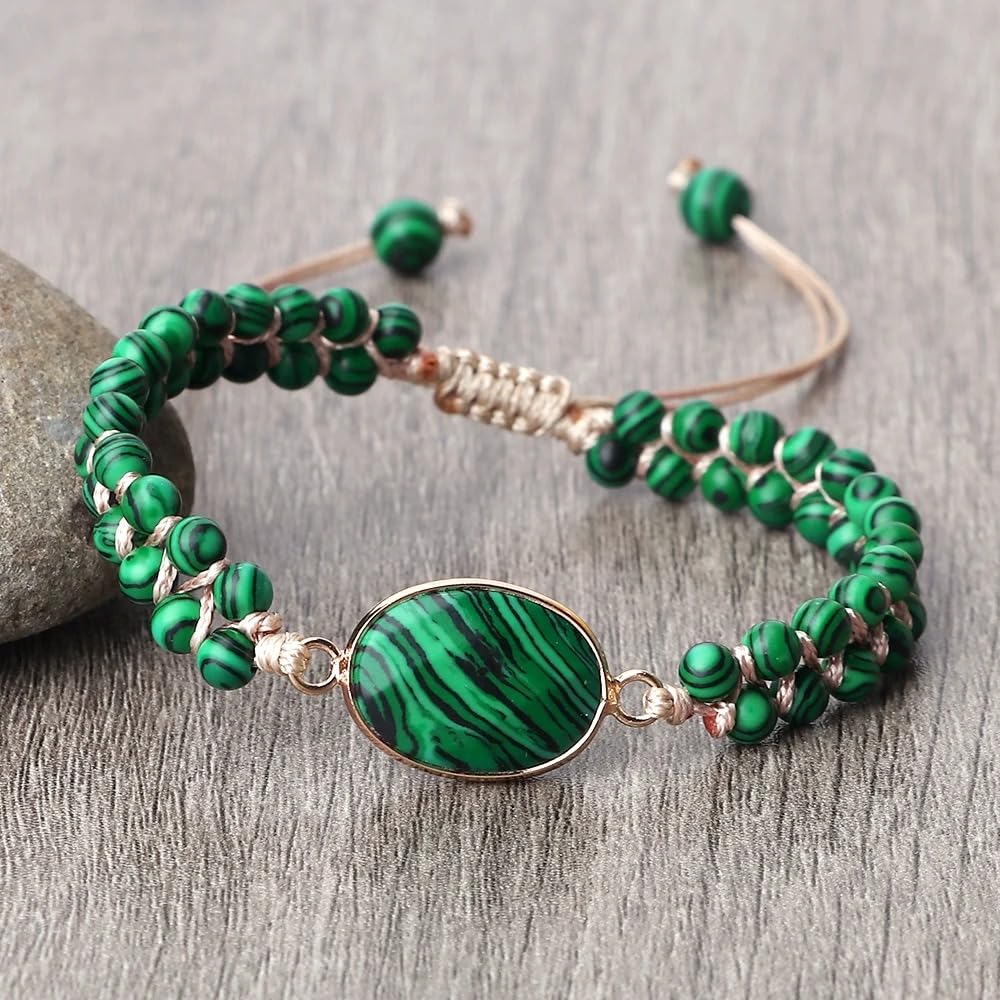 "SS Boutique" Green Malachite Healing Bracelet, Handmade Braided Gemstone Bangle for Meditation, Energy, Spiritual Protection & Mental Balance - 1pc Yoga Bracelet with Premium Gift Box