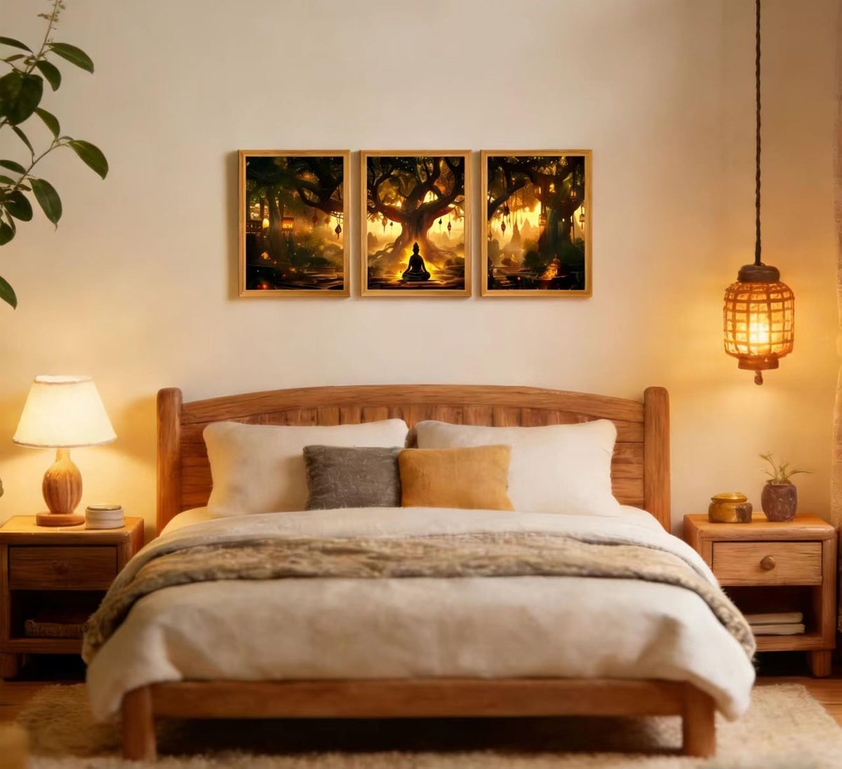 3Pcs Framed Buddha Under Bodhi Tree Canvas Wall Art,Zen Spiritual Wall Decor, Mystical Forest Lantern Poster for Living Room Bedroom Office