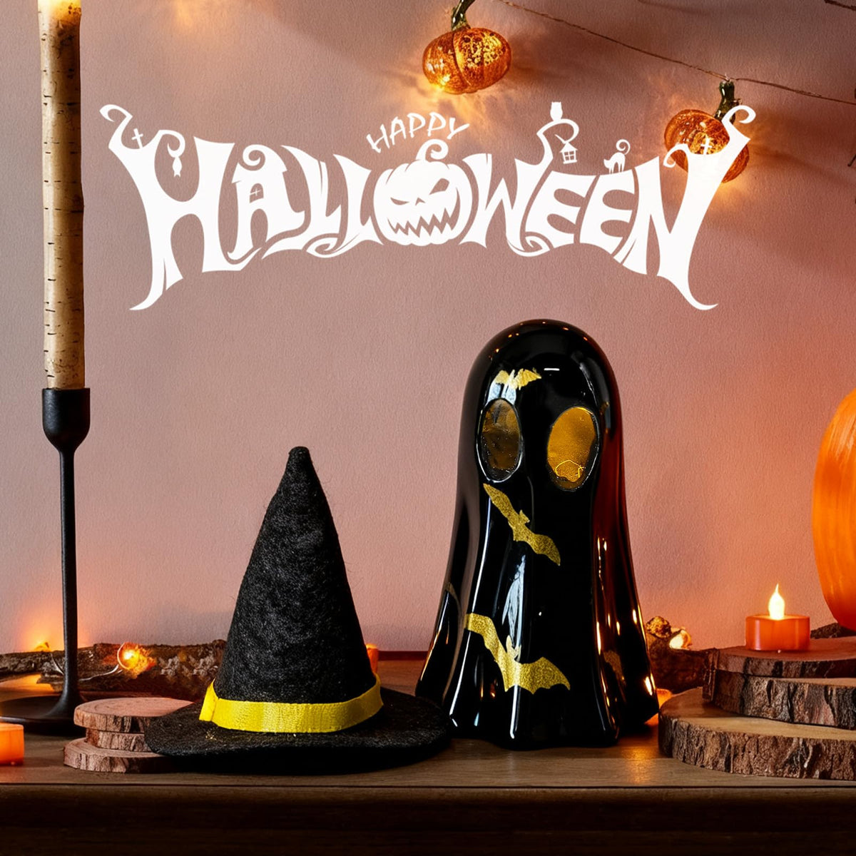 Cute Ghost Wearing a Hat for Halloween Decor Indoor, 3D Resin Night Light, Simple Pottery Barn Halloween Decor for Party Bedroom Study Room Funny Gifts Indoor 3D LED Nightlight Figurine (Black)