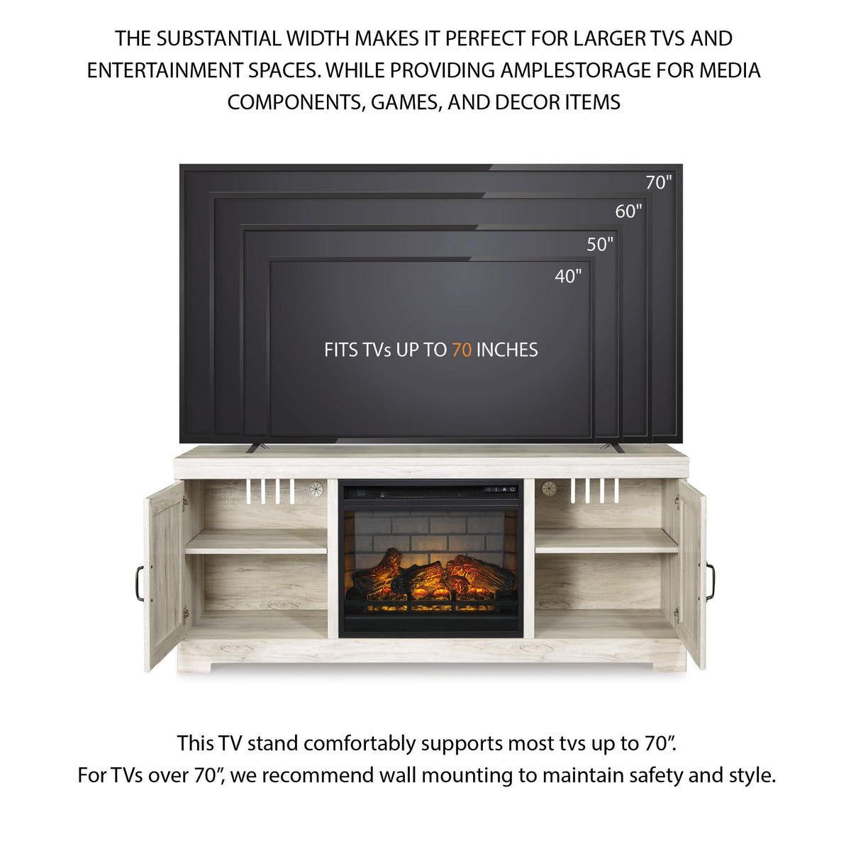 Signature Design by Ashley Bellaby Farmhouse 63" TV Stand with Electric Fireplace for TVs up to 72", Whitewash