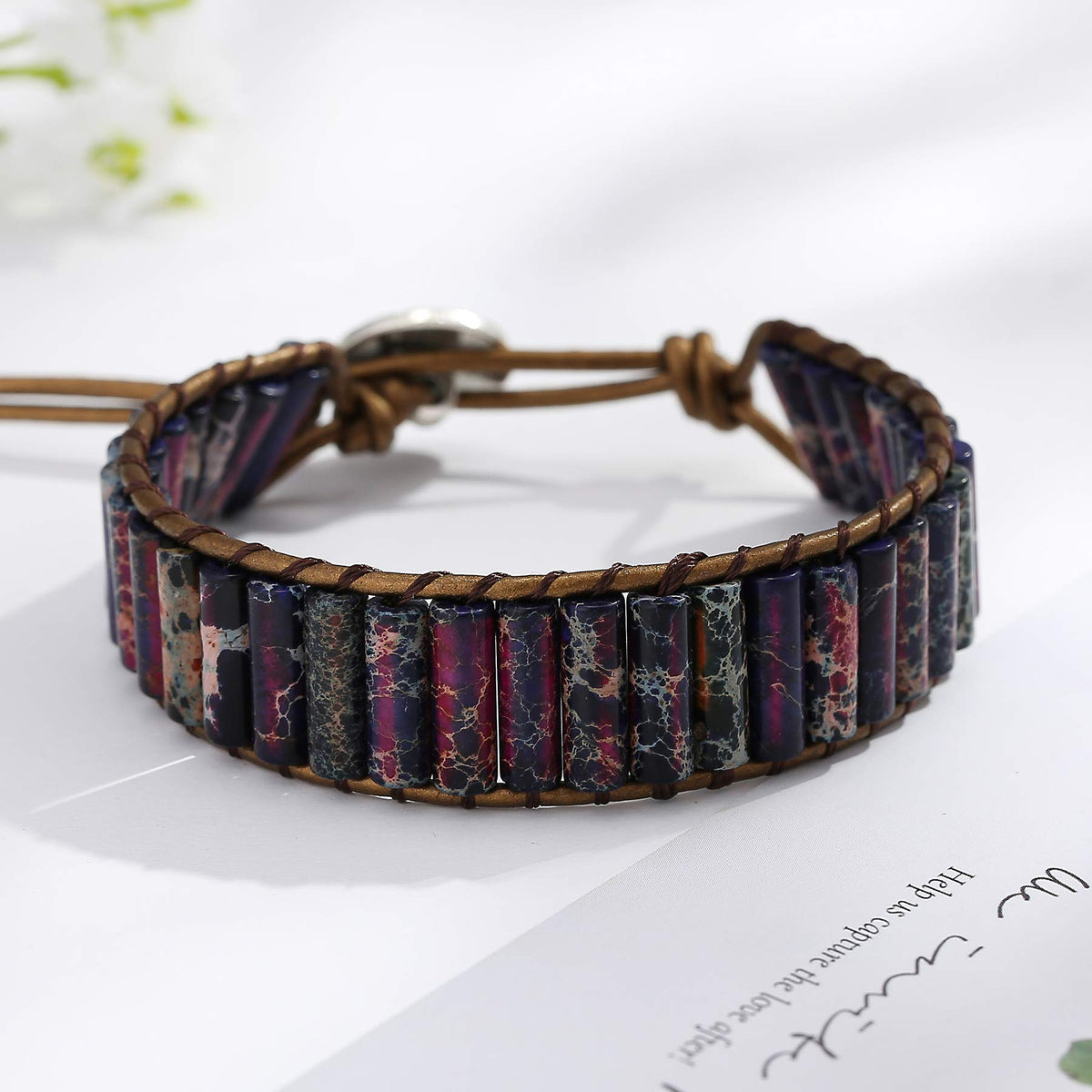 Plumiss Boho Handmade Chakra Bracelets Leather Purple Imperial Jasper Bead Wrap bracelet for Women Men