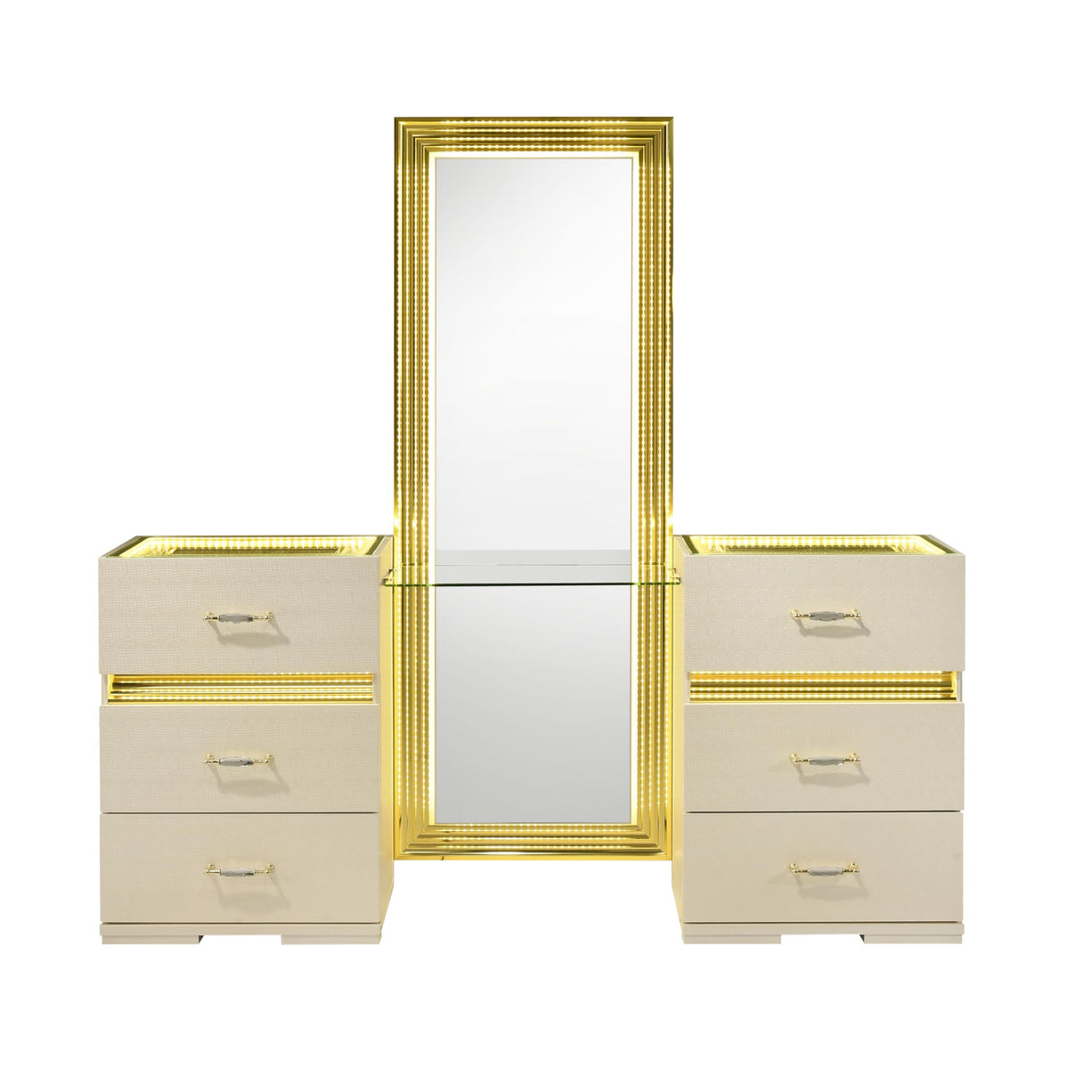 Furniture of America Mynar Modern Solid Wood 6-Drawer Makeup Vanity Set with Stool and LED Light, Dressing Table with Mirror, for Bedroom, Guest Room, Beige