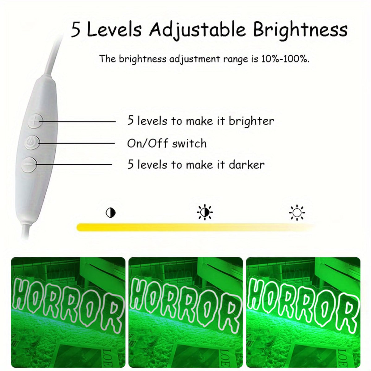 Horror Neon Sign – Green LED Wall Light for Halloween Party Decor, USB Powered Dimmable Gothic Accent for Bedroom or Spooky Room Setup, 16.5"×5.7"