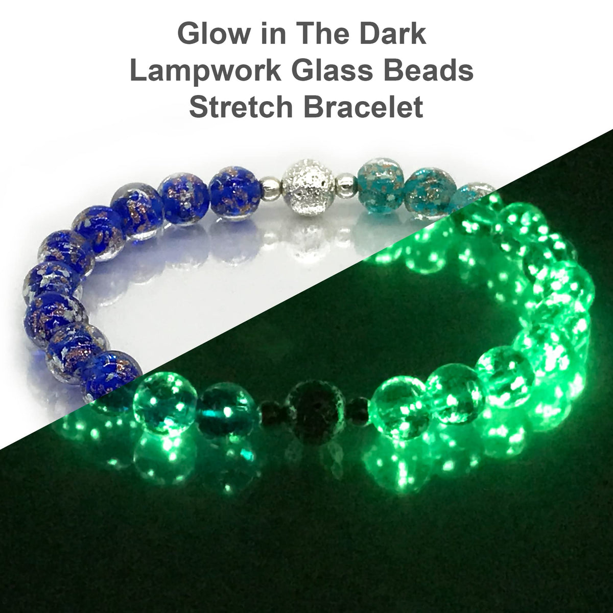 ARTSY Crafts Glow in The Dark Firefly Beads Bracelet, European Lampwork Luminous Beads Wristlet Anxiety Stress Relief Healing Crystal Chakra Bracelets for Women (Sapphire + Teal)