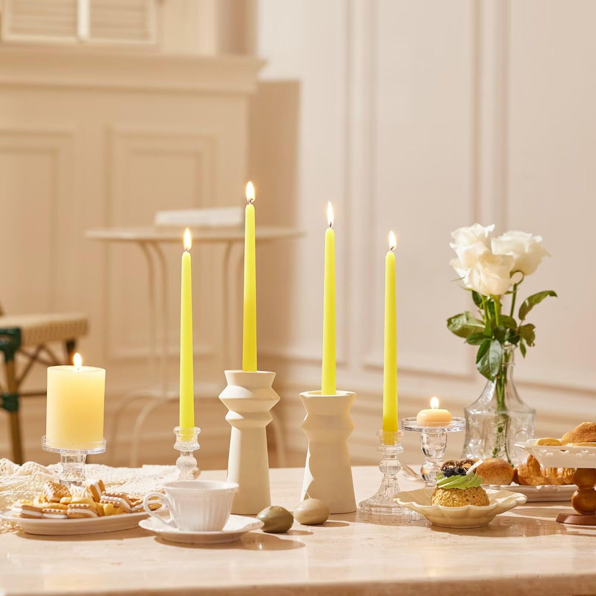 Pickood 12-Inch Tall Dripless Taper Candles Set of 4 - Yellow Tapered Candles, Perfect for Spring - Smokeless, Unscented, Long Burning - Hand Poured, Colored Tall Candlesticks - Light Yellow