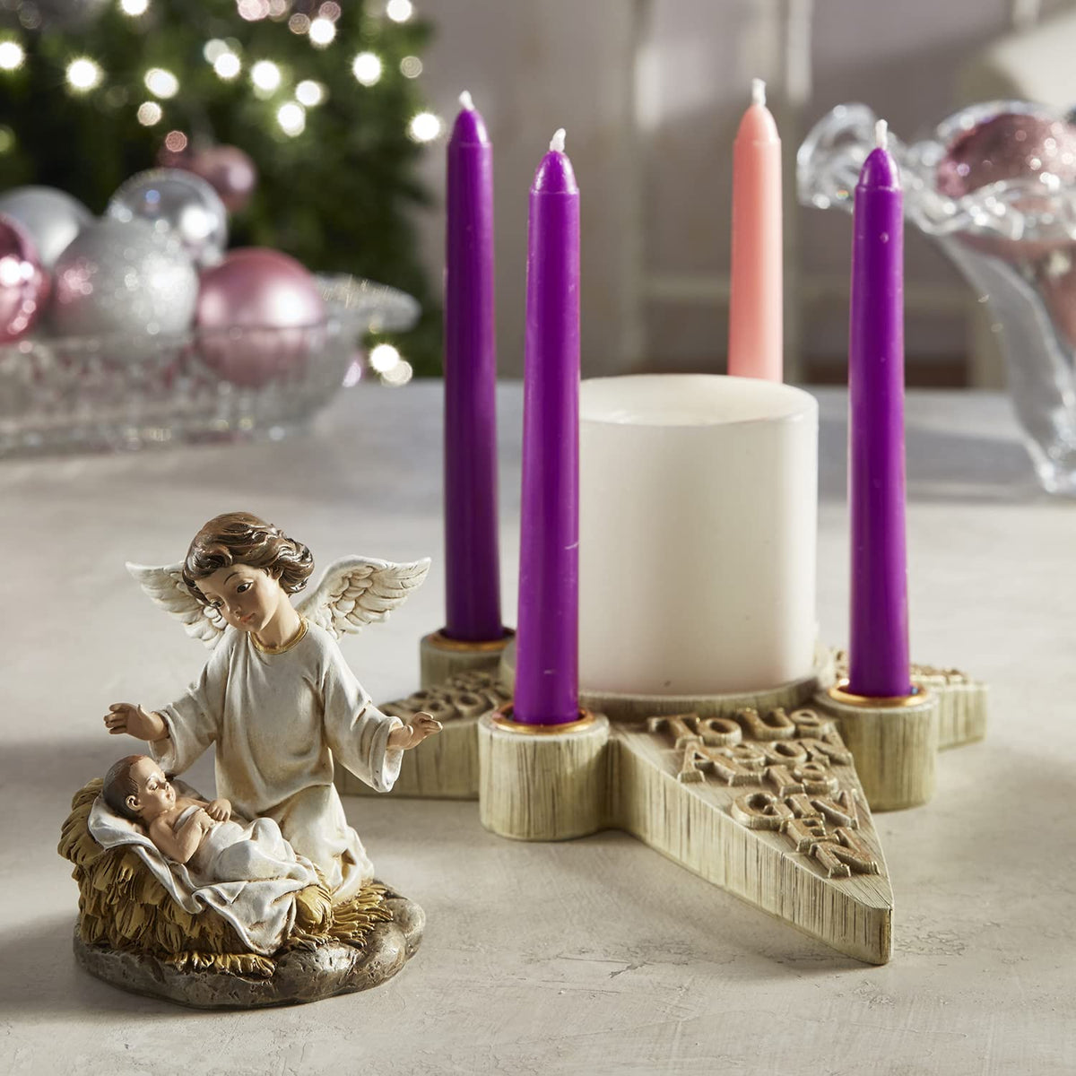 Avalon Gallery Sculpted Resin Advent/Christmas Candle Holder, 7.25" x 9.75", Angel Nativity Wreath