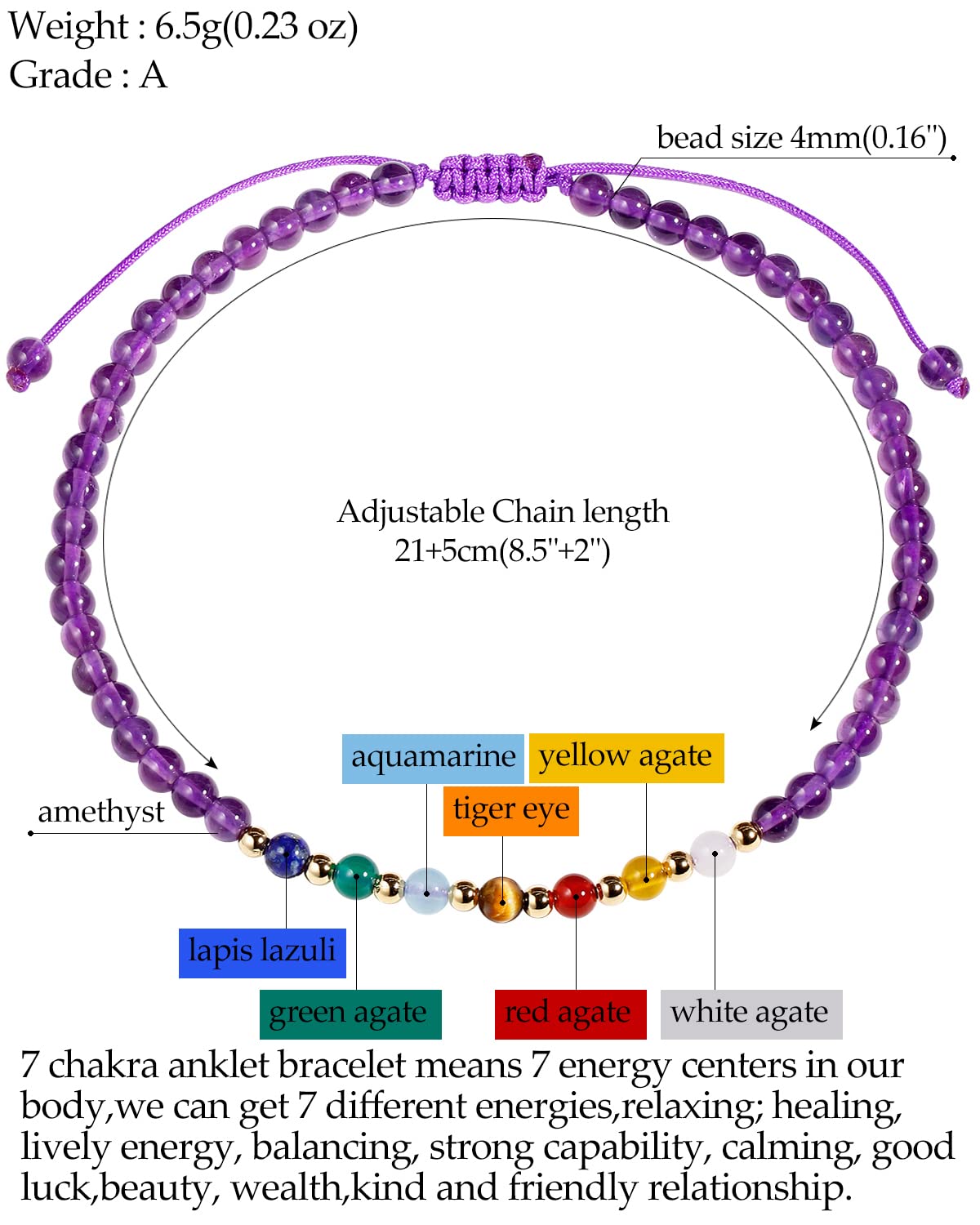 Jewever 7 Chakra Ankle Bracelets for Women Beach Foot Healing Crystals Lava Rock Essential Oils Diffuser Worry Stone Energy Balancing Meditation Yoga gifts (Amethyst)