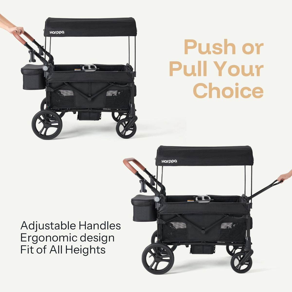 Harppa Remy Foldable Wagon Stroller for 2 Kids with Mosquito Net UPF 50+ Canopy, 110 lbs Capacity, 5-Point Harness, All-Terrain Wheels, Adjustable Handle for Park Zoo Camping Twins and Siblings Black