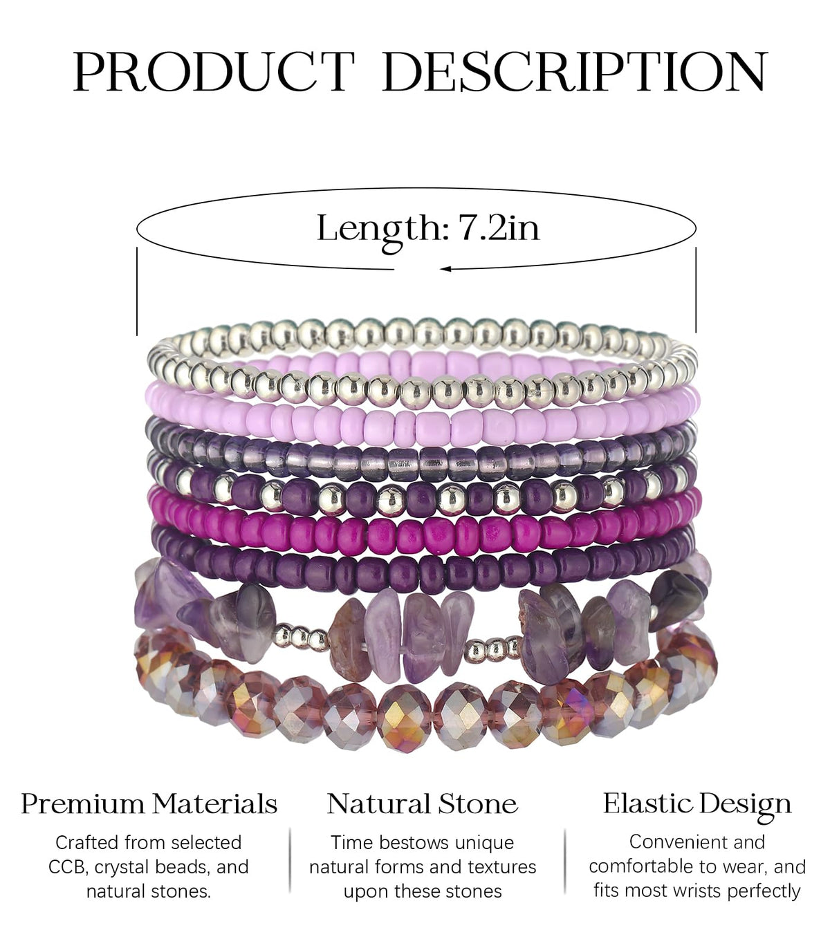 Noessla Boho Beaded Bracelets for Women Stackable Irregular Natural Stone Bead Stretch Bracelet Set 8PCS Costume Jewelry Gifts for Her(Purple)