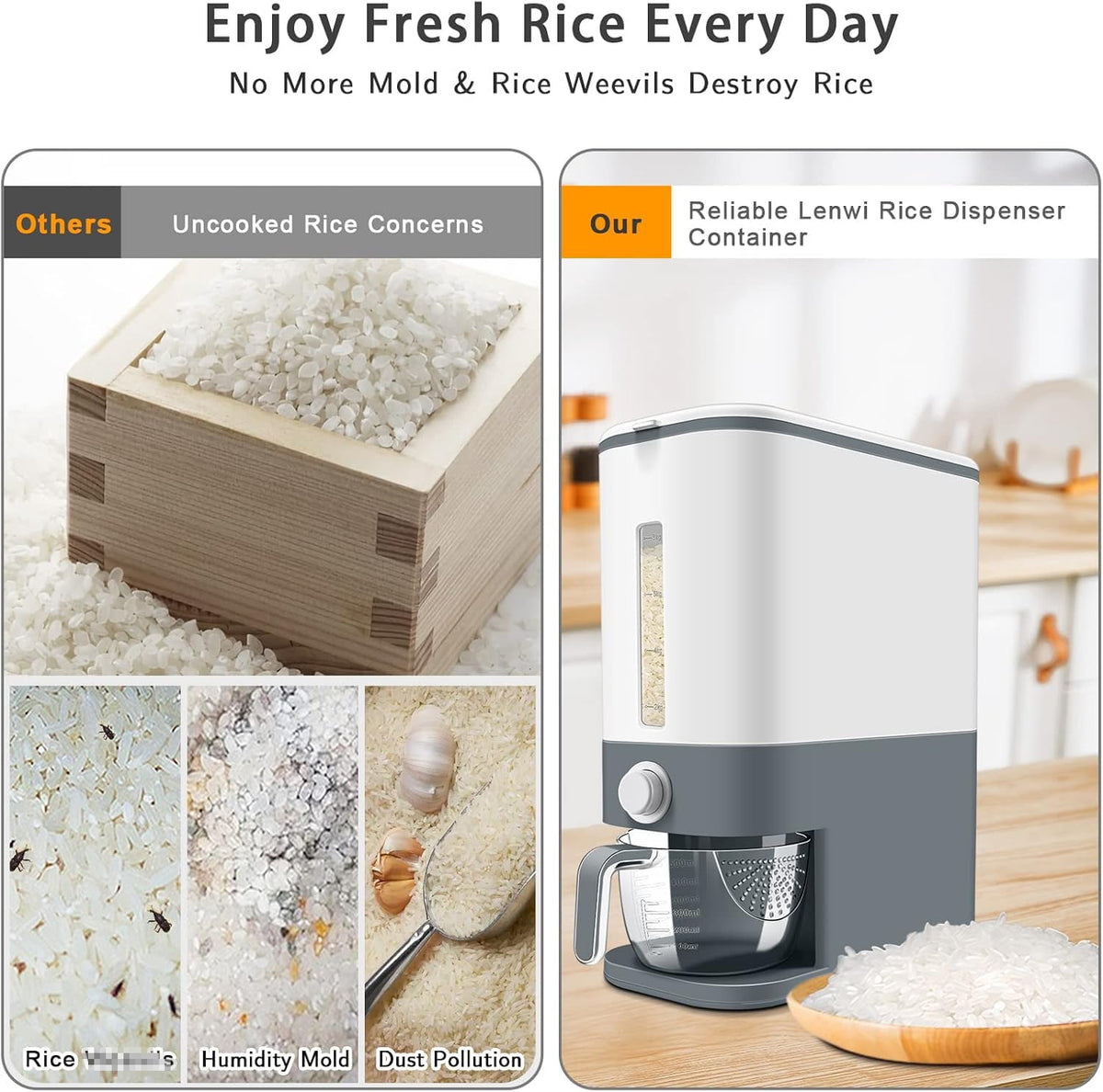 Lenwi 22-25 Lbs Rice Dispenser, Large Cereal Dry Food Storage Containers with Measuring Cup,BPA-Free Household for Kitchen Pantry Organization-Grey