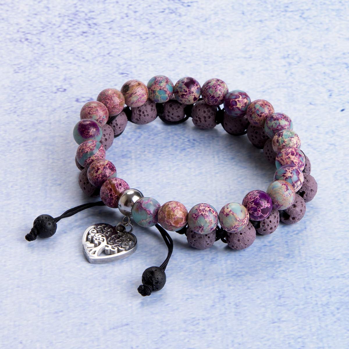 Bivei Life Tree Bracelet - Lava Stone Essential Oil Gemstone Beaded Yoga Meditation Regalite Stone Beach Charm Bracelet Set(Purple)