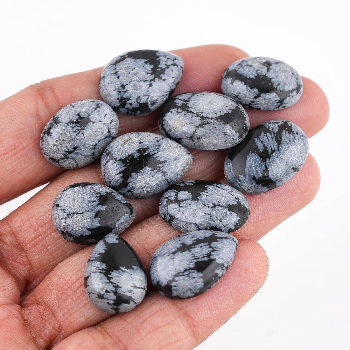 GemSymphony 100 Carat Natural Snowflake Obsidian Gemstone Cabochon Lot Mixed Shapes β 12 pcs Hand Polished Crystal Stones for Jewelry Making, Healing, Reiki, Craft Supplies, Unique Cab Set for Wire Wrapping & Collectors (10-20 mm)